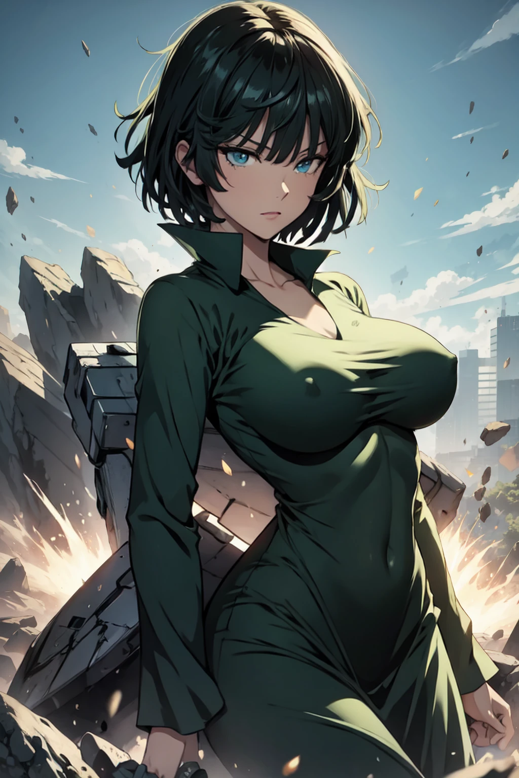 Anime art style, Fubuki from one punch man, green hair, white skin, wearing V-neck dress, standing on destroyed rock, cinematic lights, blushing cheeks, ligth smiling, detailed small breast, wide hips, NSFW, front view.