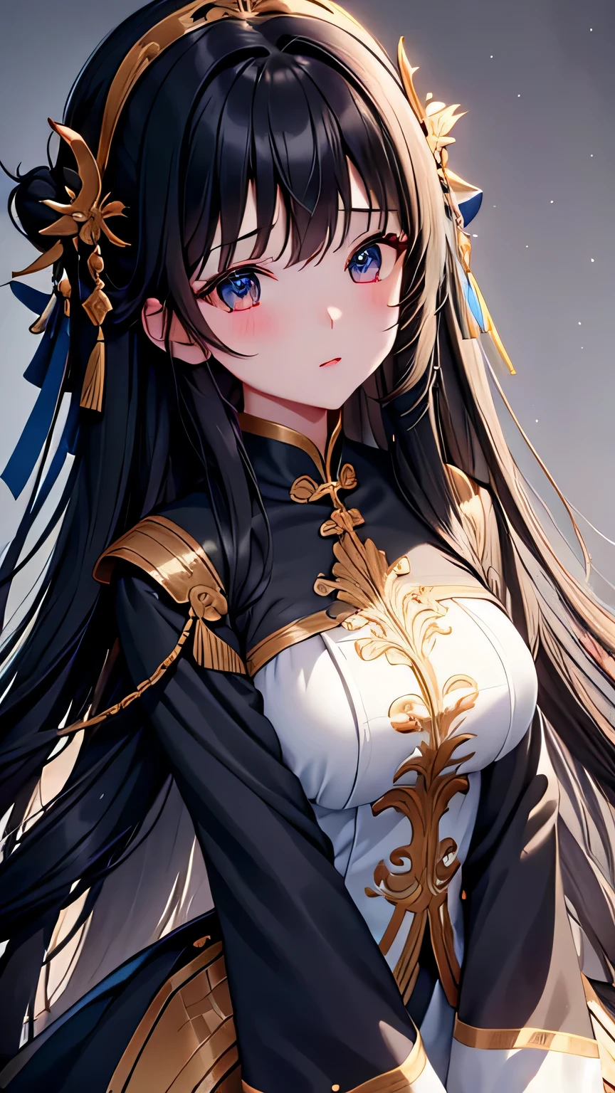 A girl,Long hair,Big wavy hair,Black Hair,high quality,High Detail,bust,Pure white background,Affectionate,Shy,sideways,Look at the audience,The face is neat