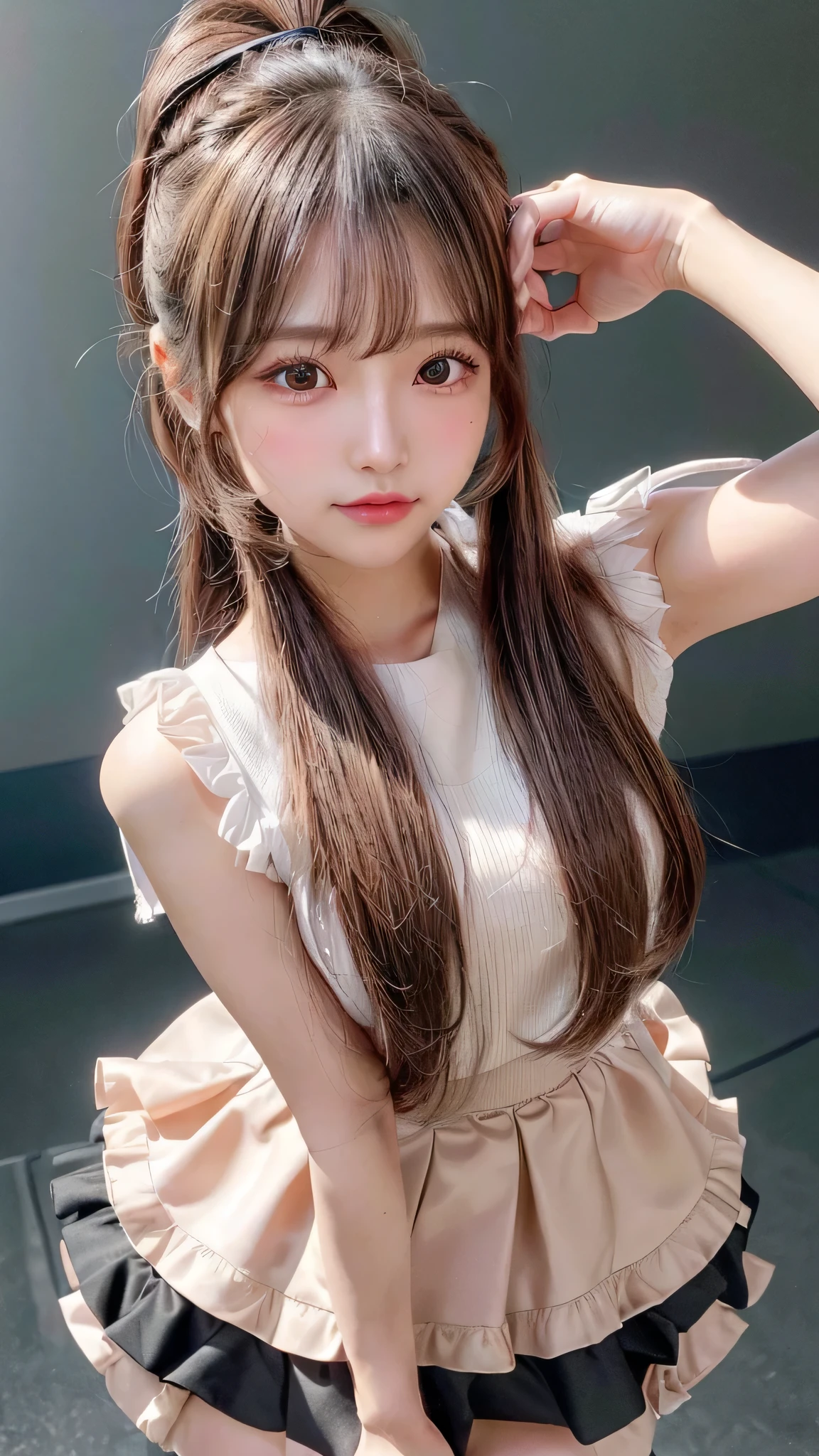 Close-up of face,Blushing,Facing forward,Close-up of face,Small breasts,14 years old,Long hair ponytail,concert,On stage,((8K, Raw photo, Best Quality, Mastepiece:1.2), (Realism, Photorealistic:1.4), (Highly detailed 8K wallpapers), Depth of written boundary, Cinematic Lighting, Soft Light, Detailed Beauty Eye,Shiny and smooth light brown ponytail, Asymmetrical bangs, Shiny skin, Ultra-detailed skins ,It is high resolution., High detail, Detailed hairstyle, Detailed facial beauty, Hyper-realistic, Perfect limbs, Perfect Anatomy ,1 Japanese girl,Famous Japanese Idols, Perfect female body,A shy smile,Short eyelashes,Double-edged eyelids,Look straight here,Hair style: ponytail、She is wearing a skirt with lots of frills,pose is random,Pink frilly dress,Close-up of face