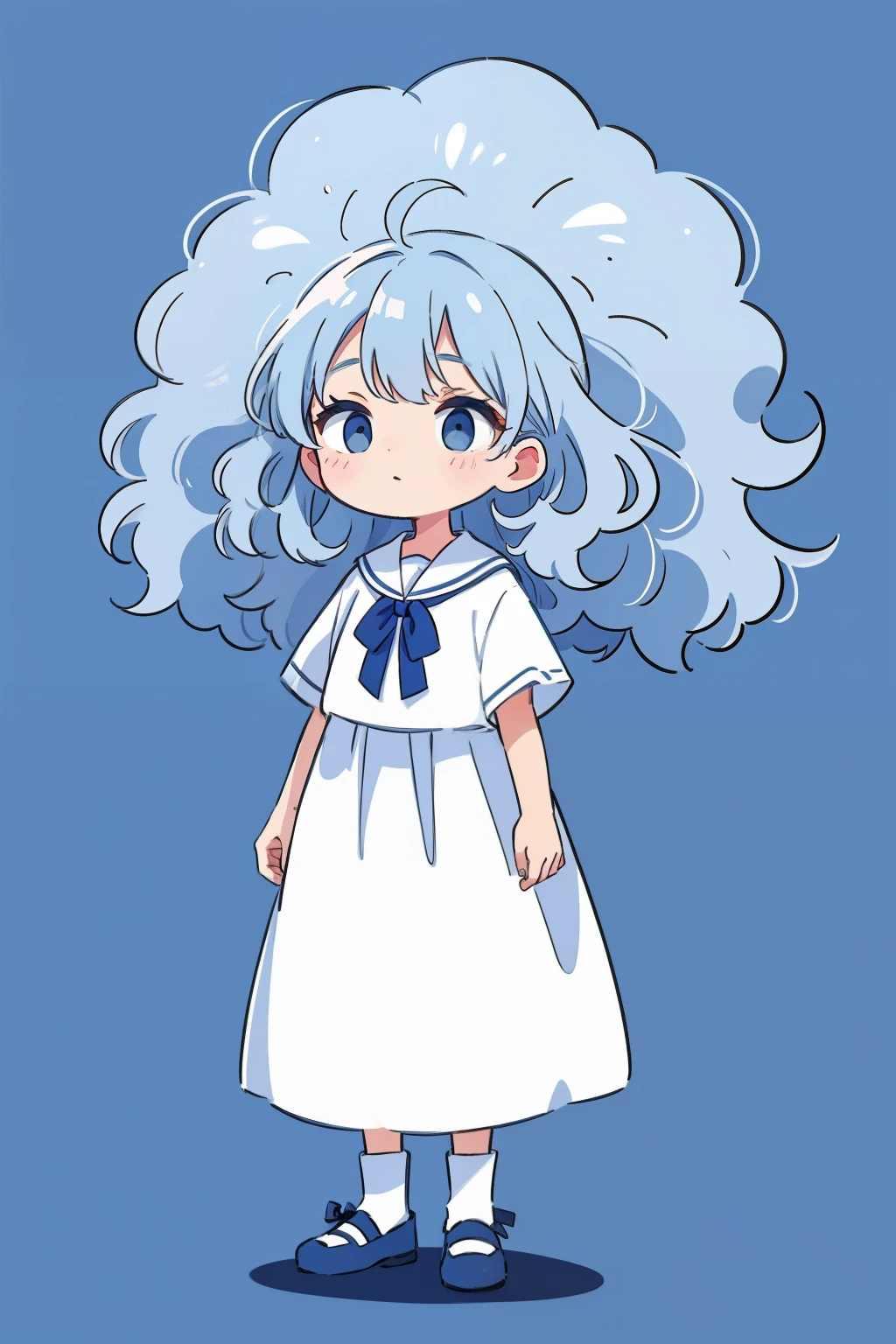 light blue hair, Big hair, curly hair, white clothes, Simple background, dark blue background

