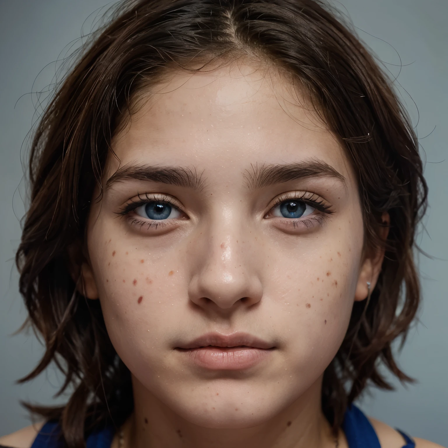 un chico de baja estatira con cabello morado, delgado y con pecas, tiene heterocromia, su ojo derecho es azul y el izquierdo es verde