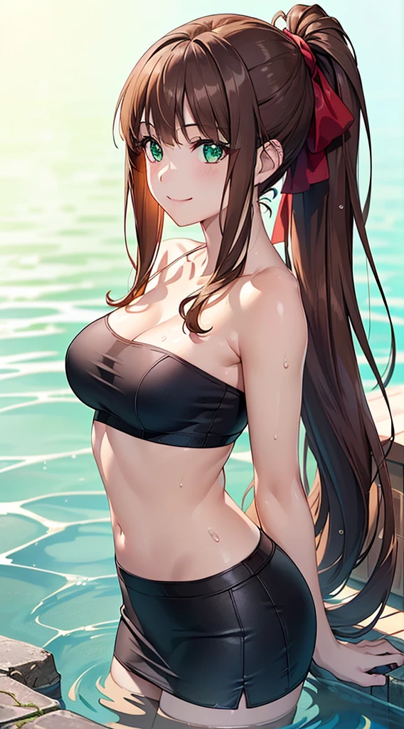 ((masterpiece, highest quality, High resolution, Hmm, Pixel perfect, Depth of written boundary, 4k, RTX, HDR))), 1 Girl, single, alone, Beautiful Anime Girls, Beautiful art style,anime character, ((Long Hair, bangs, brown hair, ponytail:1.5)), (Green Eyes:1.4, Round eyes, Beautiful eyelashes, Realistic eyes), (Detailed face, ), (Smooth texture:0.75, Realistic texture:0.65, Realistic:1.1, Anime CG Style), Medium breast, (Perfect body ,(Black Tube Top), mini skirt, smile, This was taken at the factory, Submerged in water