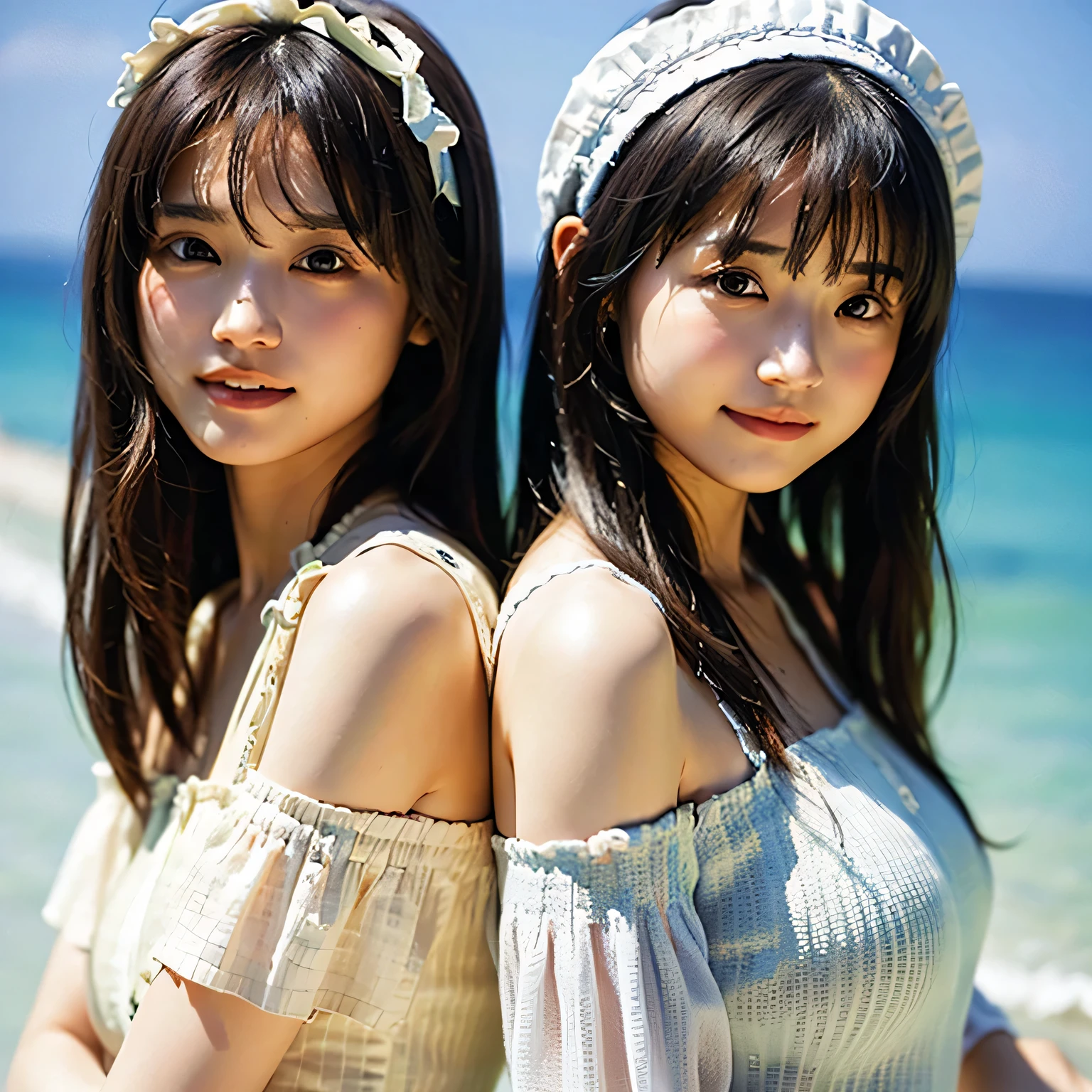 (8k、Raw photo、highest quality、masterpiece:1.2),(((Two Girls,duo,caress,At the Beach))),、Super detailed、Super Resolution、(Ultra-realistic:1.4)、(Blowing a kiss as a camera)From the above、Camera shot from above、Shooting from a top camera angle、I look at this with my eyes、Arms stretched out、spread both arms wide、Use high-quality images taken from the sky with a camera、(Girl on the Beach 1 5 digits:1.3)、、Offshore Girls(Dreamy lighting)Head to waist、、White skin、color proofreading for white woman、Ultra HD、、Beautiful woman proofreading against the light、Amazing details、Highly detailed beautiful girls、(Various patterns of faces 1:1.2)、(Various facial expressions of emotion 1:1.3)、Each hairstyle has its own characteristics、color々Hairstyle、color々The hair color shines with a beautiful luster.、I love fishing on a boat.、Shiny brown hair、One of them has a ponytail、、Modern and cute girl、Highly detailed face、Highly detailed eyes、Extremely realistic skin、 Highly detailed fingers, Highly detailed nose, Highly detailed mouth, Perfect Anatomy, (Off-the-shoulder ta outfit 1:1.2)、、Sparkling hair details、Smile with hot teeth、Realistic body, White skin, Glowing Skin, The body is slim, Straight long hair, (Blunt bangs:1.2), , nixeu and sakimichan, 2 times, seifuku, sakimichan, Promotional Steel, Larisa Manovar, Alena Aenami and Lilia Alvarado