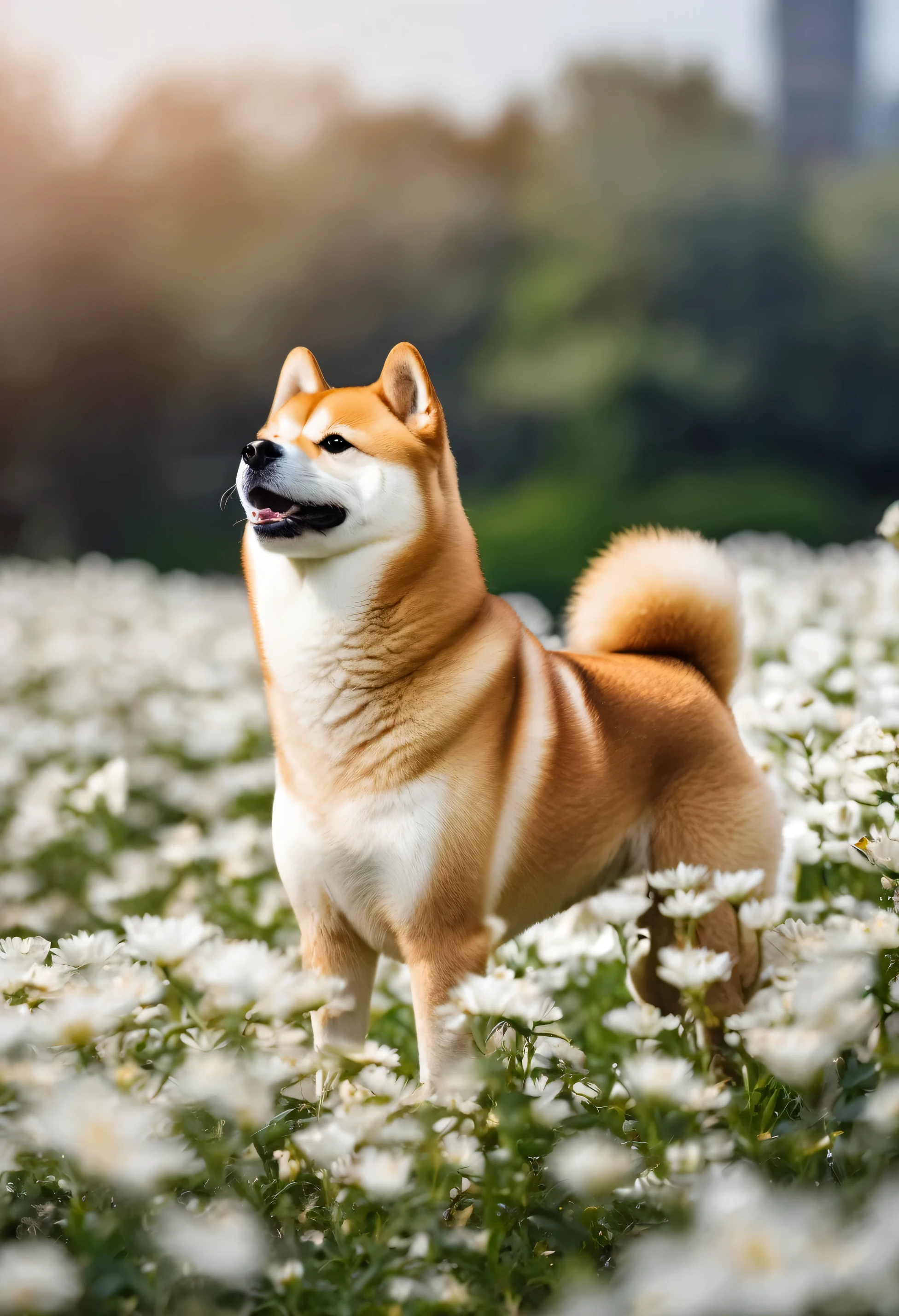shiba in a white flower filed