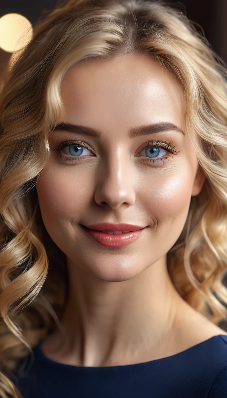 (best quality,8k,highres,masterpiece:1.2),close-up portrait,30-year-old Russian girl,blonde hair,perfect smile,looking at the camera,perfect details,high-quality,with a navy blue short dress,detailed eyes,luscious lips,golden curls,natural makeup,sparkling blue eyes,facial expression of confidence,smooth skin texture,vibrant colors,portraits,studio lighting,soft and warm color tones,subtle shadows,impressive sharpness,ultra-fine painting style,realistic and lifelike features,bokeh effect,beautifully captured highlights,professional photography
