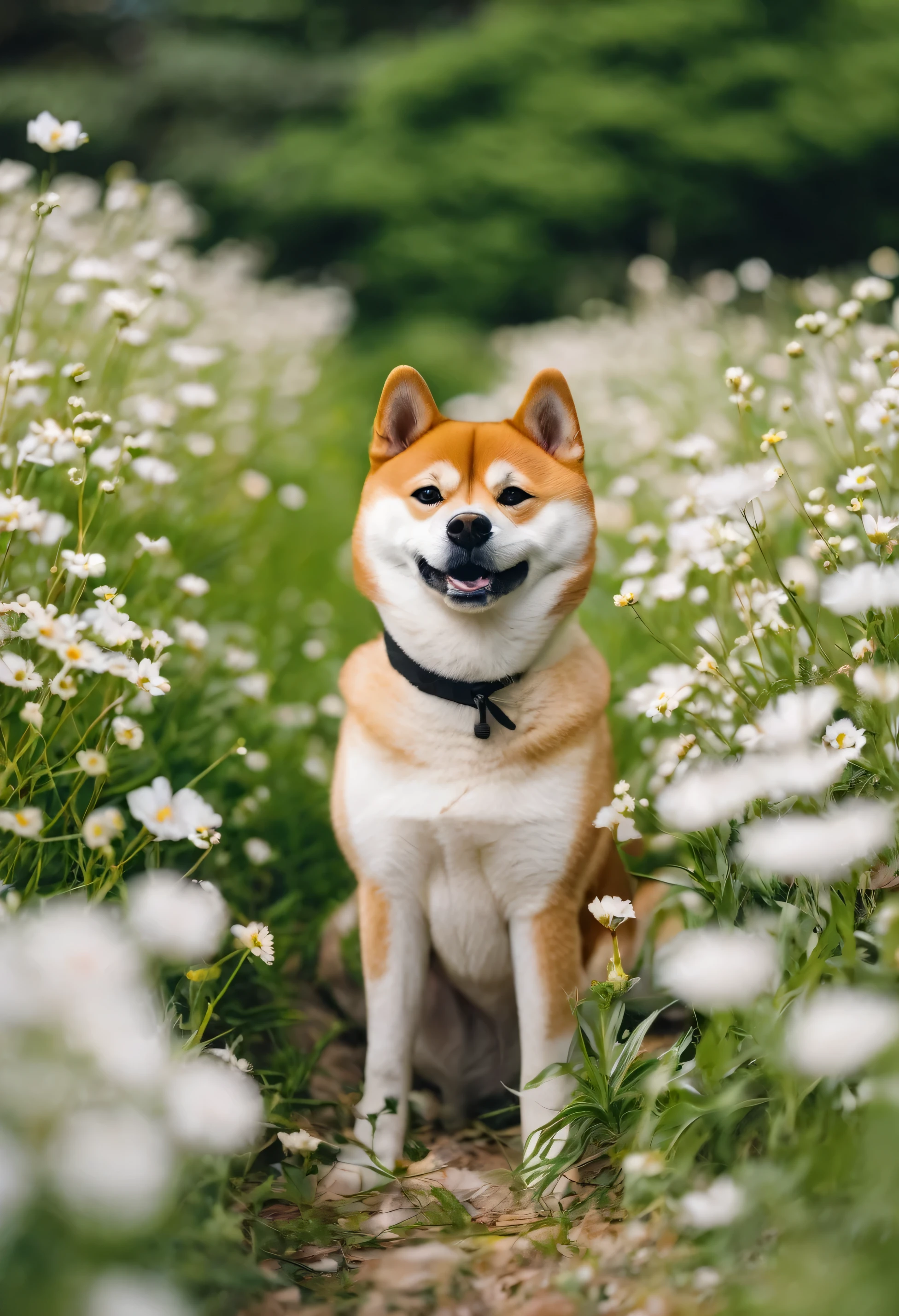 shiba in a white flower filed