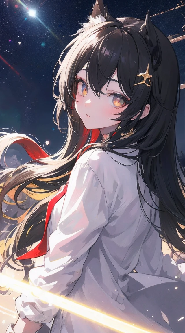 {{masterpiece}}, best quality, Extremely detailed CG unified 8k wallpaper, Movie Lighting, lens flare, Beautiful eye details, Black, Side View, multi color hair, Colorful lights, particle, Black-haired girl stands on a high building and looks at the night sky,Hair flutters in the wind