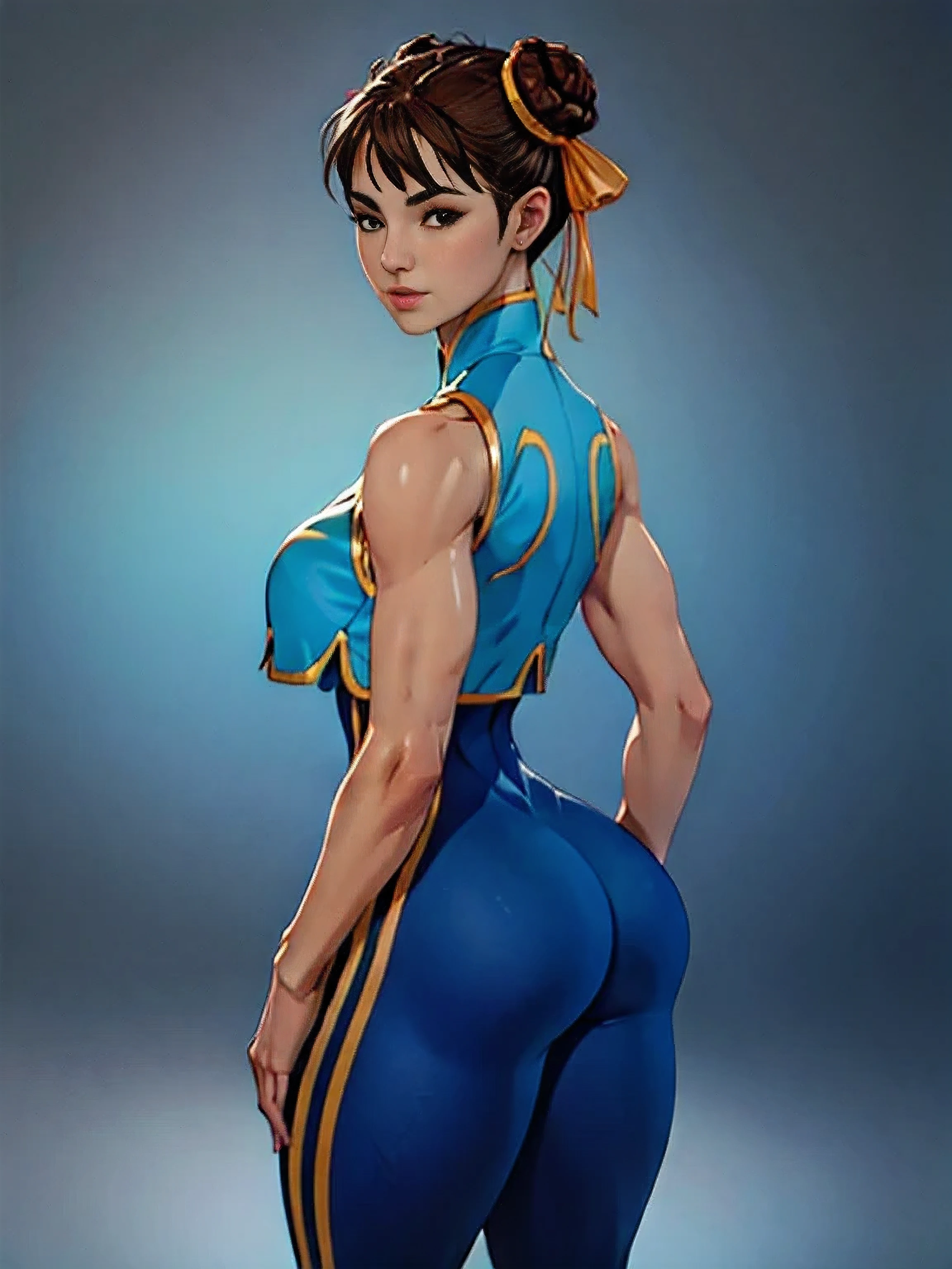 (masterpiece, best quality:1.4), (standing:1.5), 1girl, solo, sfa chun, blue vest, unitard, blue pants, skintight, yellow ribbon, short hair, sneakers, bare shoulders, (european youth  woman:1), looking at viewer, beautifull smile, beautiful face, highly detailed face, highly detailed eyes, subsurface scattering, realistic pupils, full face blush, full lips, detailed background, depth of field, volumetric lighting, sharp focus, absurdres, realistic proportions, (realistic, hyperrealistic:1.4), 16k hdr, from behind, thicc booty