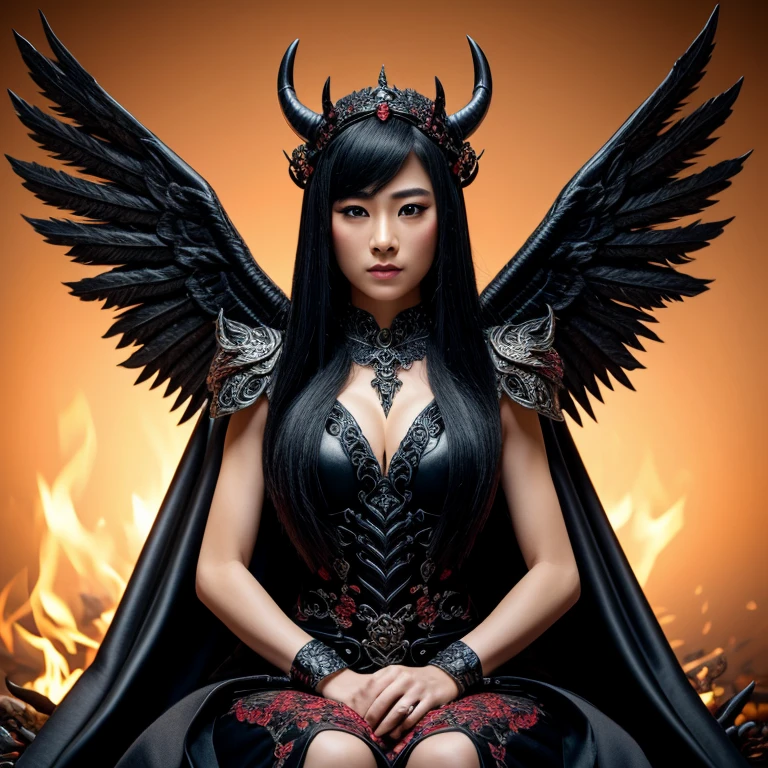 1 female demon, Japanese, Asian eyes, horned, ultra-detailed face and eyes, hyper-realistic, realistic depiction, 30 years old, wearing a long black dress, sitting on a throne in hell, winged demons can be seen behind her, full body view