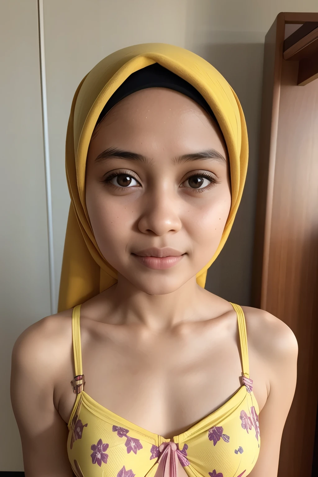 Naked, (((HIJAB MALAY GIRL))), masutepiece, High quality, UHD 32K, Realistic face, Realistic skin feeling , A Japanese Lady, 8 , , Very cute and baby-like face, (((FLAT CHEST))), (MATRIX WORLD), ((look In front  at the camera and SADNESS)), ((())), (((CUTE GIRL))), ((YELLOW LIPS)), ((wering lingerie Bra Floral Pattern))