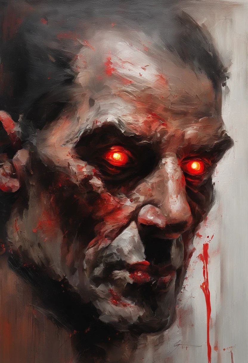 a close up of a man with a bloody face and red eyes, with glowing red eyes, with red glowing eyes, red glowing eyes, portrait demon half human, red eyes glowing, glowing red eyes, cyborg zombie, scary look, portrait of a zombie, with red eyes, zombie with white eyes, evil zombie, red - eyed, red-eyed