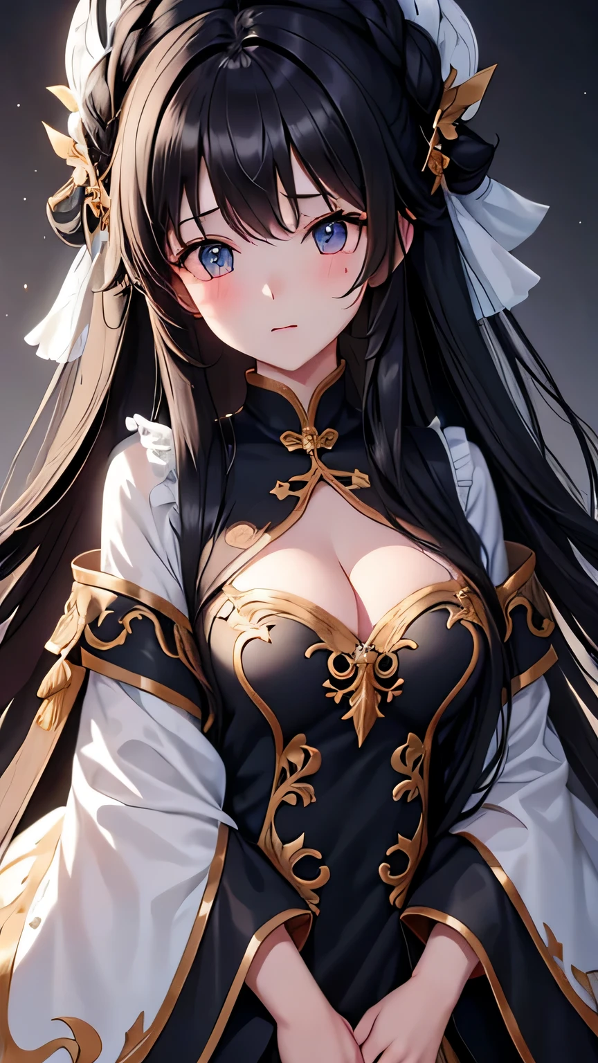 A girl,Long hair,Big wavy hair,Black Hair,high quality,High Detail,bust,Pure white background,Affectionate,Shy,sideways,Look at the audience,The face is neat