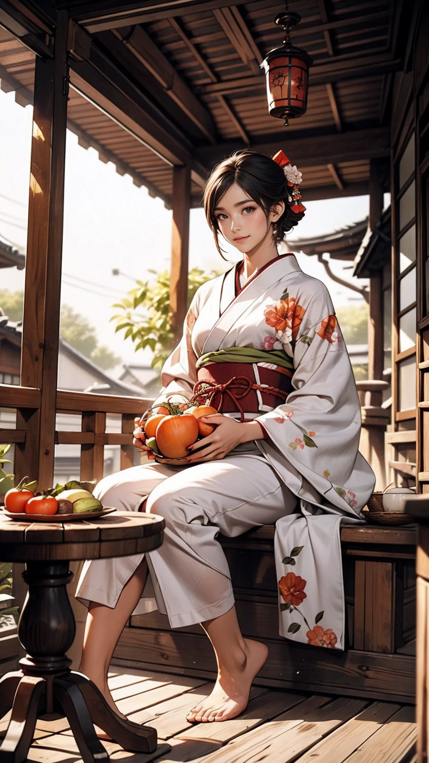 ((最high quality, 8K, masterpiece: 1.3, Ultra HD, high quality, 最high quality, High resolution, realism)) 、A stunningly beautiful 22-year-old Japanese woman、Hair color is black、Iriedium Hair、Straight Hair、smile、Slender but well-proportioned, slim and muscular body、Athlete-like body type、I want my head to stay off screen、Wearing red nail polish、I have a peticure、Sitting on the veranda of a Japanese house in the Japanese countryside、It&#39;s summer、A wind chime is hung in front of the eaves.、barefoot、There is a basket filled with tomatoes, carrots and other vegetables on the veranda.、The basket is made of woven bamboo strips、A courtyard spreads out in front of the verandah.、There is a well with a hand pump in the courtyard.、wear a yukata