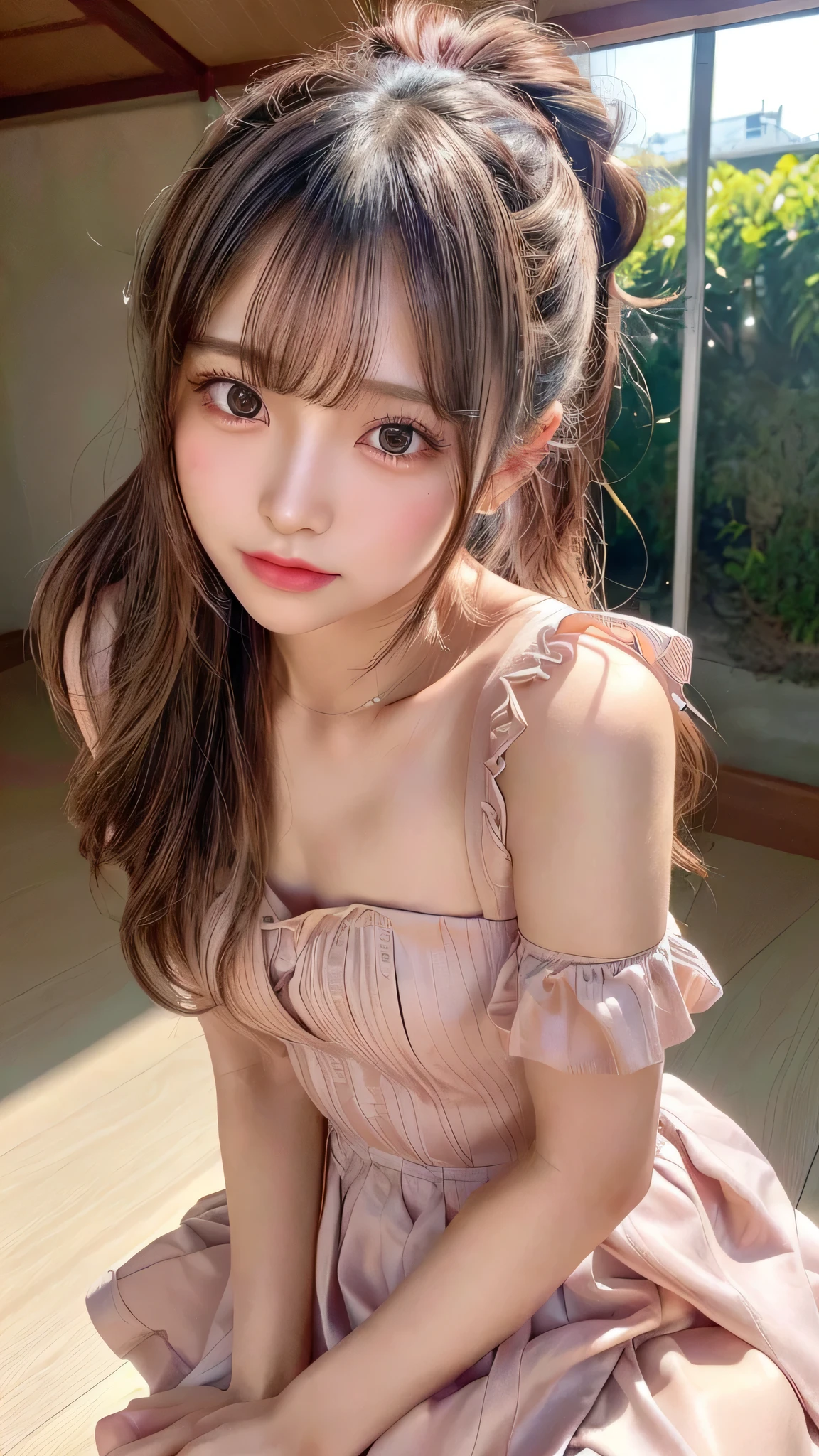 Close-up of face,Blushing,Facing forward,Close-up of face,Small breasts,,Long hair ponytail,concert,On stage,((8K, Raw photo, Best Quality, Mastepiece:1.2), (Realism, Photorealistic:1.4), (Highly detailed 8K wallpapers), Depth of written boundary, Cinematic Lighting, Soft Light, Detailed Beauty Eye,Shiny and smooth light brown ponytail, Asymmetrical bangs, Shiny skin, Ultra-detailed skins ,It is high resolution., High detail, Detailed hairstyle, Detailed facial beauty, Hyper-realistic, Perfect limbs, Perfect Anatomy ,1 Japanese girl,Famous Japanese Idols, Perfect female body,A shy smile,Short eyelashes,Double-edged eyelids,Look straight here,Hair style: ponytail、She is wearing a skirt with lots of frills,pose is random,Pink frilly dress,Close-up of face