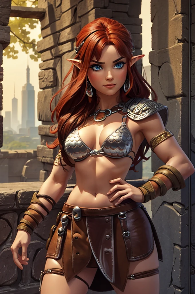((8k, masterpiece, very detailed)) Female barbarian elf, red hair, small breasts ((athletic body)), light leather armor, leather skirt ((armor:1.2))