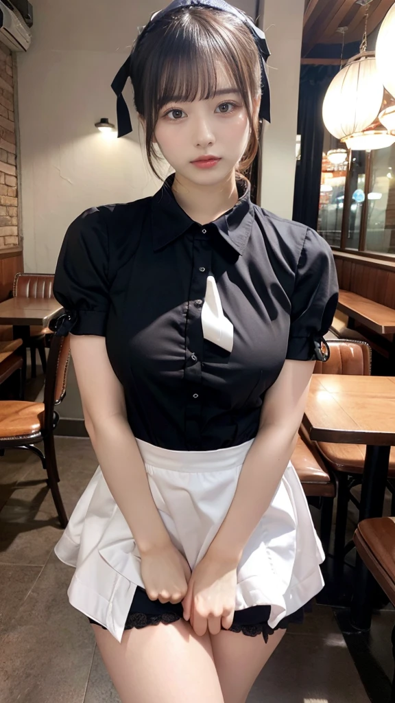 muste piece, best quality, illustration, Super detailed, fine details, High resolution, 8K,wall paper, perfect dynamic composition,(Details High quality, realistic depiction of eyes:1.3), waitress uniform, restaurant, large breasts, short bob hair、black hair color, Big Natural Color Lip, bold sexy pose, crying a little、cold gaze, Harajuku style、20 year old girl、cute type、ta、beautiful legs, gravure idol, Voluptuous thighs