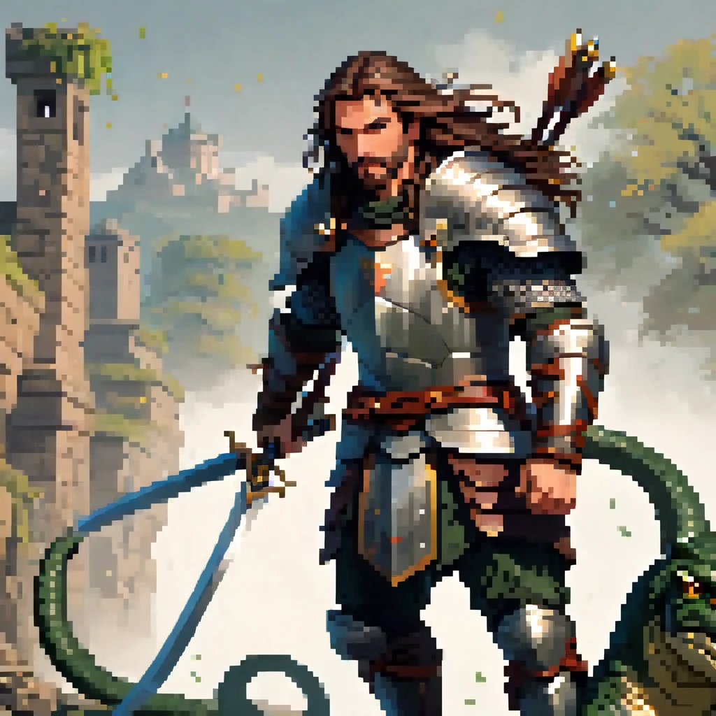 Create a high-quality, advanced level of detail and cinematic style image using artificial intelligence. The image should depict an adult man, approximately 30 years old, with long hair and a muscular build. He is wearing leather armor, with a quiver of arrows strapped to his back and a bow in his hand. In his left hand, he wields a longsword, while his right hand holds the severed head of a gigantic serpent with ten heads.