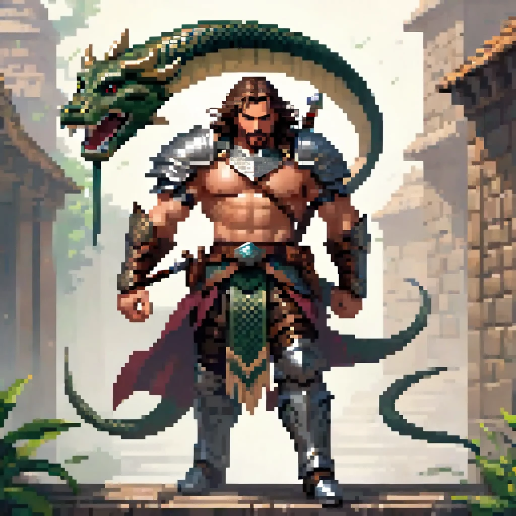 Create a high-quality, advanced level of detail and cinematic style image using artificial intelligence. The image should depict an adult man, approximately 30 years old, with long hair and a muscular build. He is wearing leather armor, with a quiver of arrows strapped to his back and a bow in his hand. In his left hand, he wields a longsword, while his right hand holds the severed head of a gigantic serpent with ten heads.