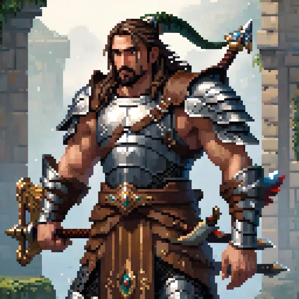 Create a high-quality, advanced level of detail and cinematic style image using artificial intelligence. The image should depict an adult man, approximately 30 years old, with long hair and a muscular build. He is wearing leather armor, with a quiver of arrows strapped to his back and a bow in his hand. In his left hand, he wields a longsword, while his right hand holds the severed head of a gigantic serpent with ten heads.