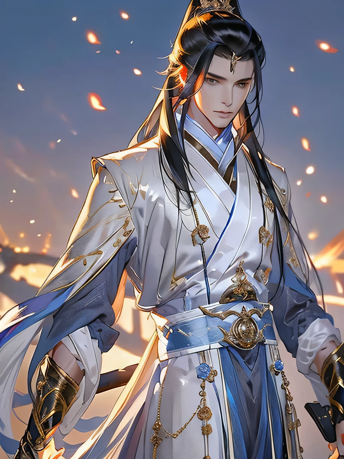 A handsome Chinese man,(Body proportions),Anime style,one person(Male Warrior),(fan in hand)Correct proportions,Face details,swordsman,High Ponytail Hairstyle,Neck details,black hair on shoulders,White suit,black and white robe,Clothing details,surrender,Long sleeve,Game quality,Sword Fighting,Ray Tracing,ray tray,Delicate glow,CG Rendering,Hair details,Blue long hair,blue eyes,Handsome,Handsome,(Youthful feeling),The costumes are complicated,Perfect composition,Refinement,high quality,More detail,Lots of details,Complex background,Sense of atmosphere,high quality