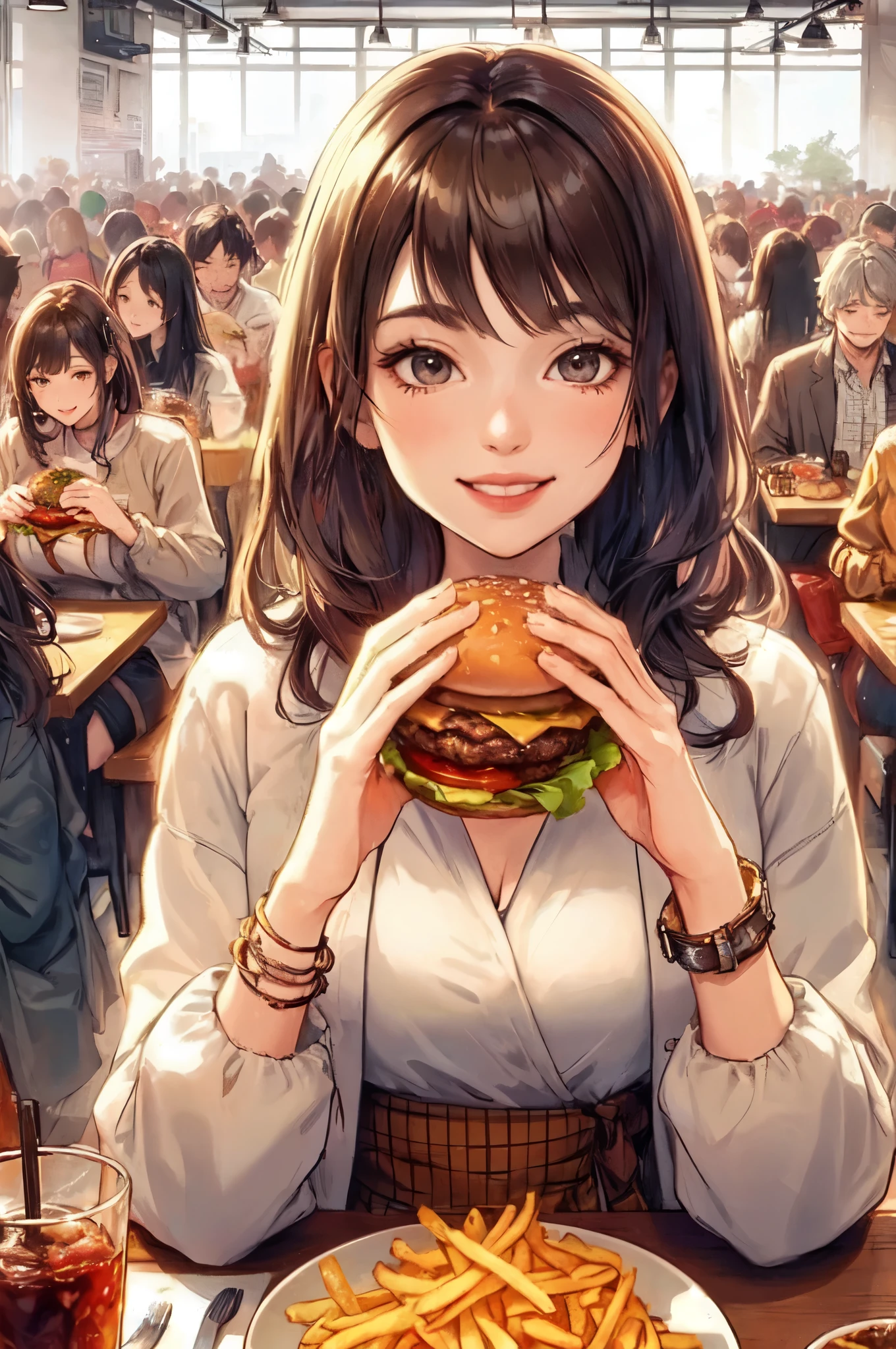 1lady solo, sitting at table, (holding hamburger) in both hands, stylish outfit, mature female, /(dark brown hair/) bangs, light smile, (teeth:0.8), (masterpiece best quality:1.2) delicate illustration ultra-detailed, large breasts BREAK (big hamburger) BREAK (casual restaurant) indoors, fast food, crowded, detailed background