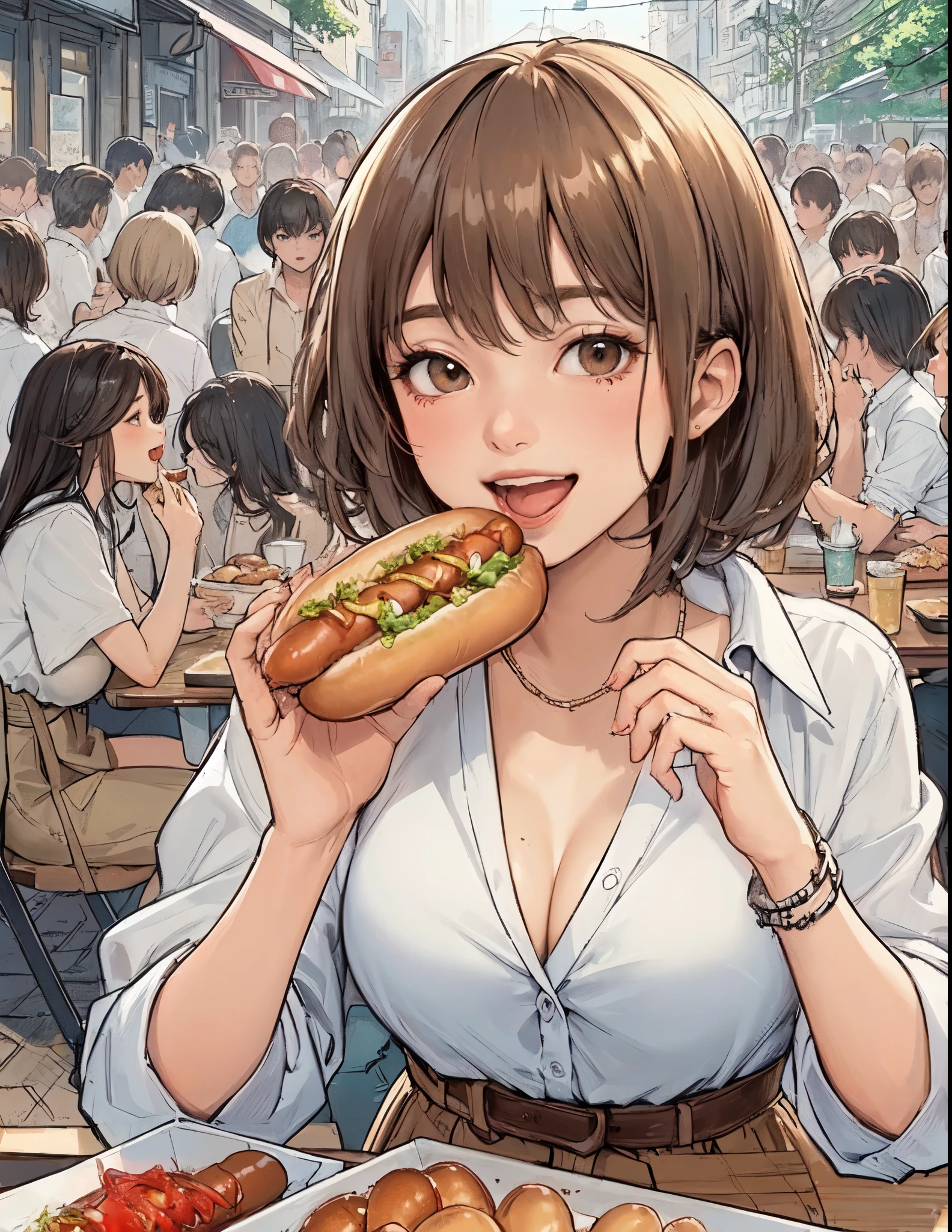 1lady solo, sitting at table, (holding hot dog) in one hands, taking a big bite, stylish outfit, mature female, /(light brown hair/) bangs, (open mouth) big, (teeth:0.8), (masterpiece best quality:1.2) delicate illustration ultra-detailed, large breasts BREAK (big hot dog) BREAK (casual restaurant) outdoors, fast food, crowded, detailed background