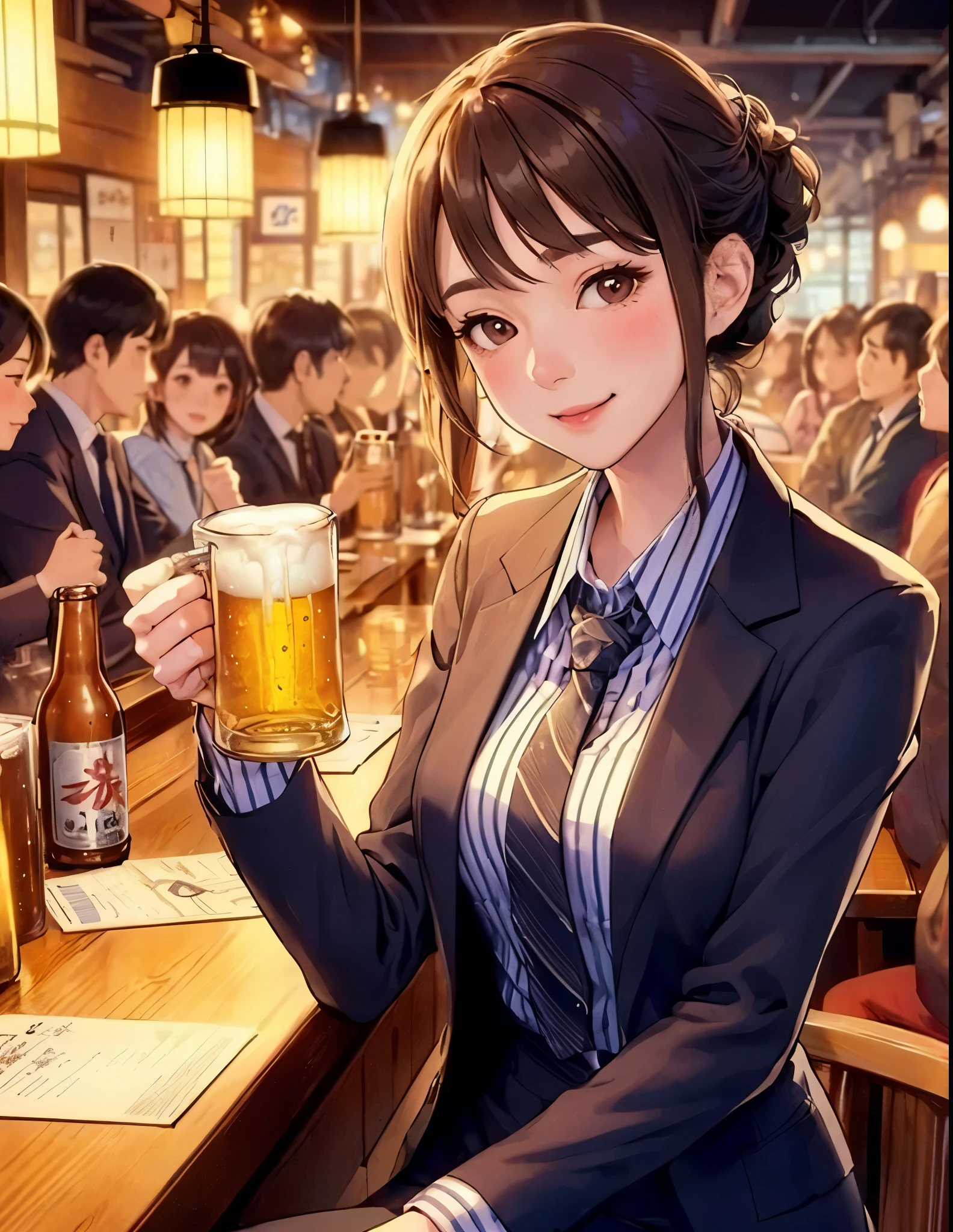 1lady solo, sitting at counter table, (holding beer mug) in one hands, office worker, suit jacket, tie, stylish outfit, mature female, /(brown hair/) bangs, blush kind smile, (drunk:0.8), (masterpiece best quality:1.2) delicate illustration ultra-detailed, large breasts BREAK (bustling izakaya) indoors, bottle of beer, crowded, (warm lighting), detailed background