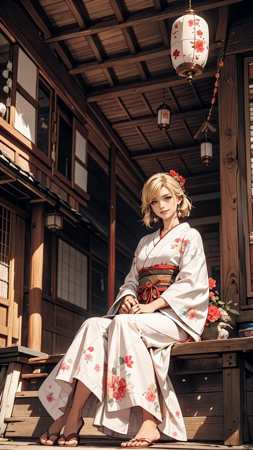 ((最high quality, 8K, masterpiece: 1.3, Ultra HD, high quality, 最high quality, High resolution, realism)) 、A 22-year-old extremely beautiful white woman、Hair color blonde、blue eyeedium Hair、Straight Hair、smile、I want my head to stay off screen、Wearing accessories on the wrist、Wearing red nail polish、I have a peticure、Sitting on the veranda of a Japanese house in the Japanese countryside、It's summer、A wind chime is hung in front of the eaves.、barefoot、Fanning oneself、A courtyard spreads out in front of the verandah.