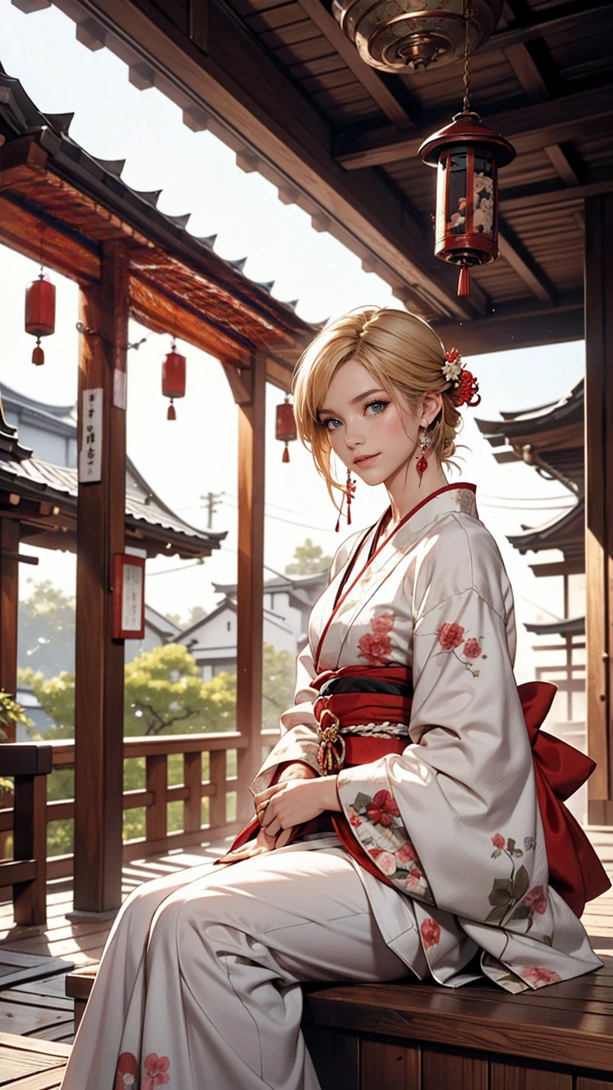 ((最high quality, 8K, masterpiece: 1.3, Ultra HD, high quality, 最high quality, High resolution, realism)) 、A 22-year-old extremely beautiful white woman、Hair color blonde、blue eyeedium Hair、Straight Hair、smile、I want my head to stay off screen、Wearing accessories on the wrist、Wearing red nail polish、I have a peticure、Sitting on the veranda of a Japanese house in the Japanese countryside、It's summer、A wind chime is hung in front of the eaves.、barefoot、Fanning oneself、A courtyard spreads out in front of the verandah.