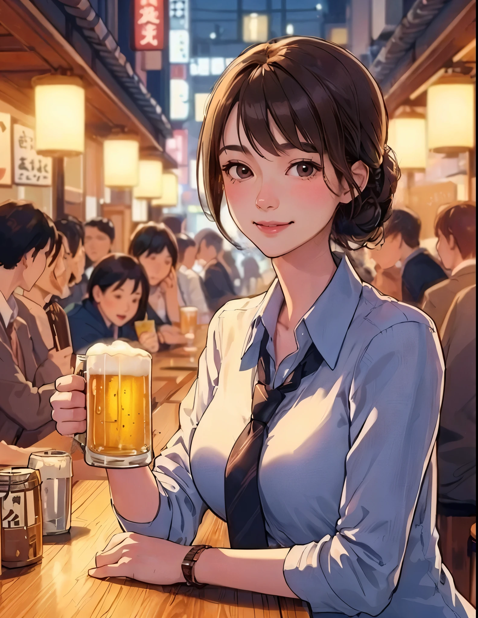 1lady solo, sitting at counter table, (holding beer mug) in one hands, office worker, dress shirt, tie, stylish outfit, mature female, /(dark brown hair/) bangs, blush kind smile, (drunk:0.8), (masterpiece best quality:1.2) delicate illustration ultra-detailed, large breasts BREAK (bustling izakaya) outdoors, bottle of beer, crowded, (warm lighting), detailed background