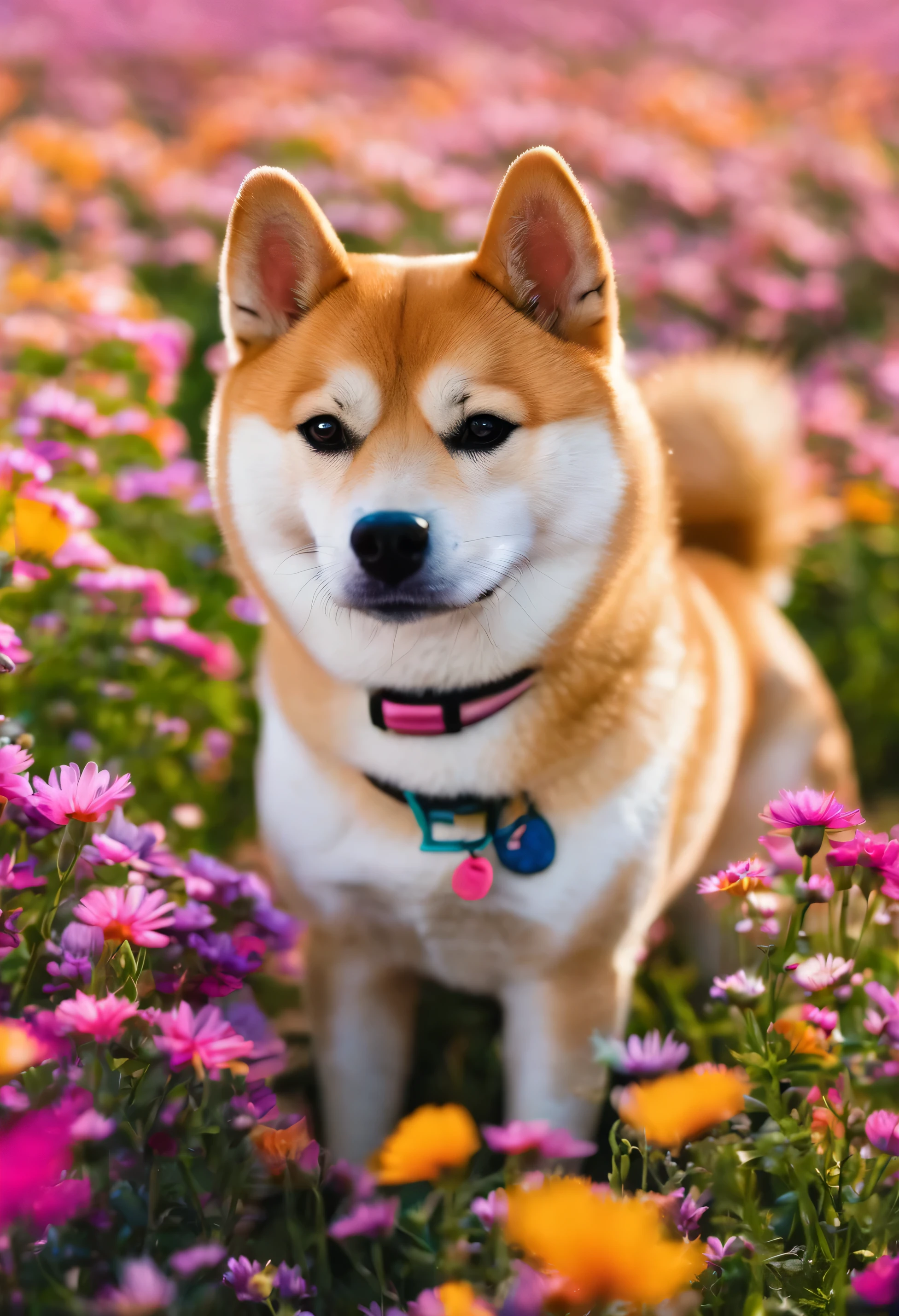 shiba in a colorful flower filed