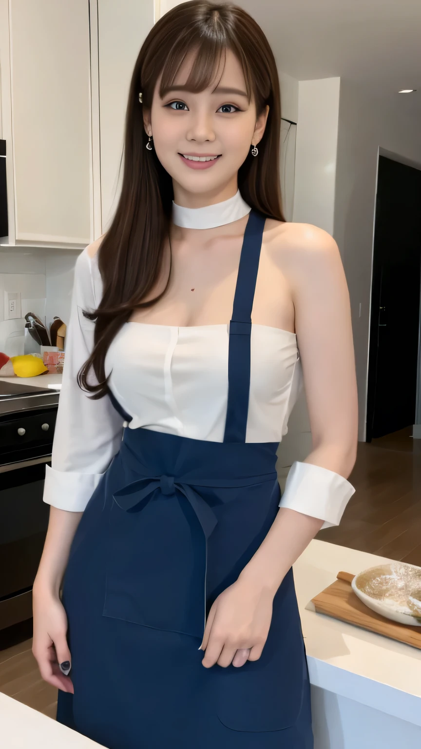 highest quality,masterpiece,Ultra-high resolution, (Realistic:1.4), girl, 18-year-old, (Firm breasts:1.2),  (Slim face:1.2, Narrow waist, Thin legs), Charm,  look at each other, Dynamic Shot, (Black Choker) , (bangs), Blue Eyes, smile, Big Breasts, ((Naked Apron, White work apron))、very long eyelashes, ((Skyscraper district)), (Nipples:-1), No sleeve、Shooting from the side、slender face、Slim face