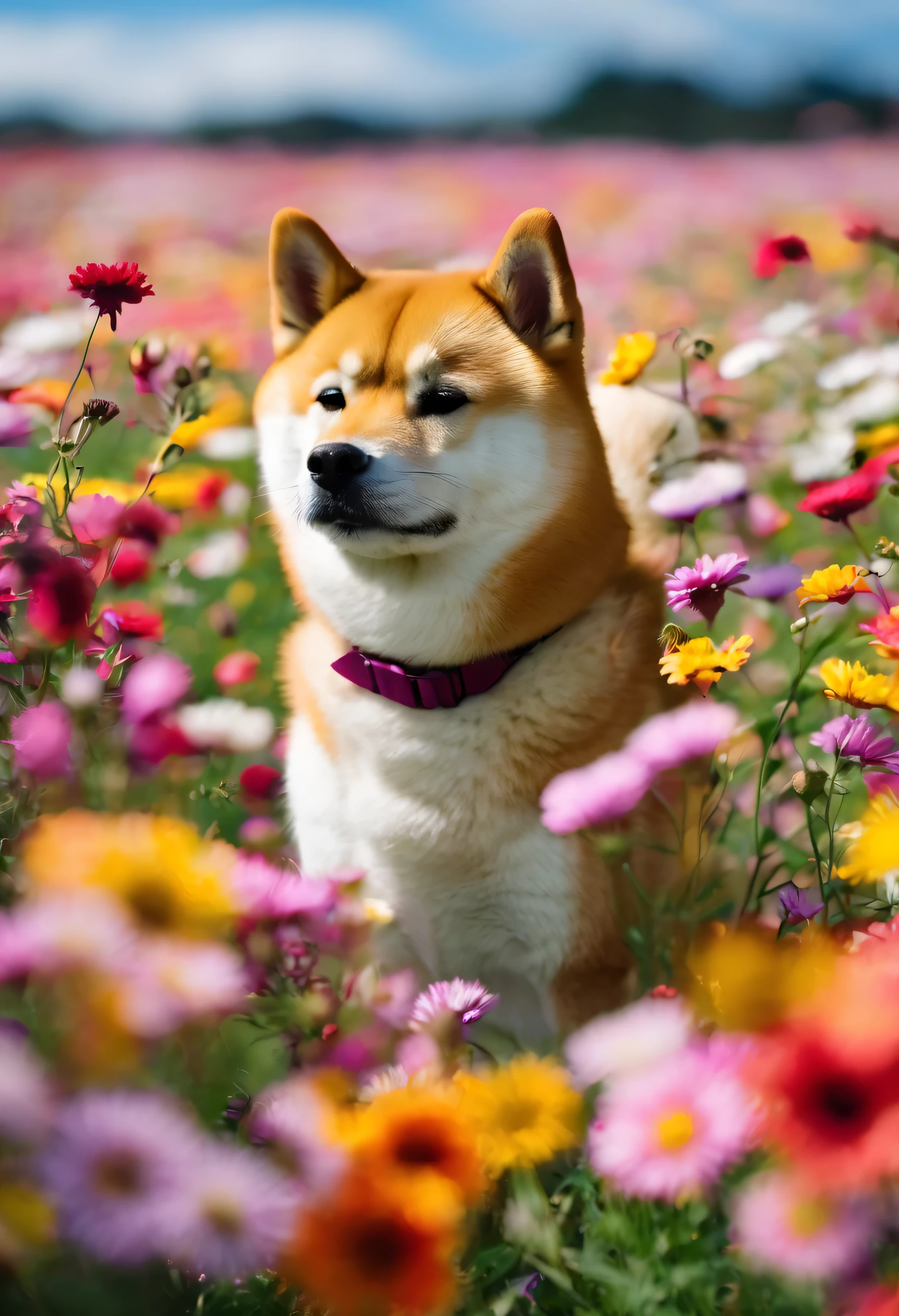 shiba in a colorful flower filed
