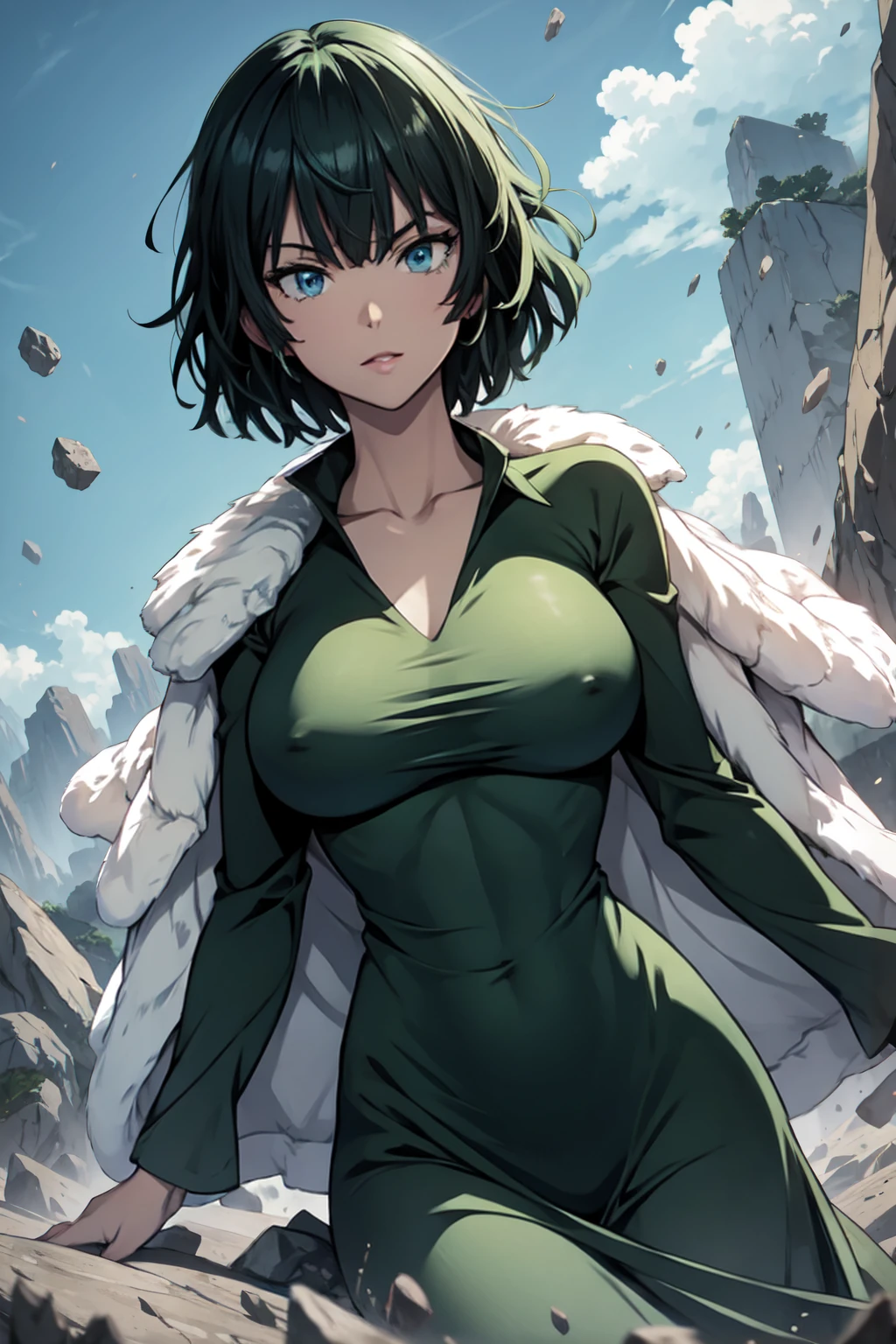 Anime art style, Fubuki from one punch man, green hair, white skin, wearing V-neck dress, flying over destroyed rock, cinematic lights, blushing cheeks, ligth smiling, detailed small breast, wide hips, NSFW, cowboy shot.