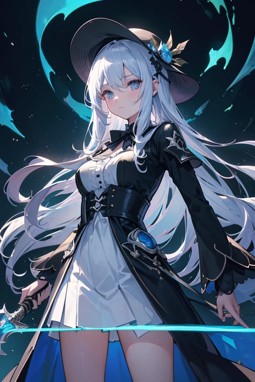 (Obra maestra:1.2), Mejor calidad, (illustration:1.2), (ultra detallado), hiper detalles, (delicado detallado), (detalles intrincados), (cinematic light, Mejor calidad Backlights), Delete line, solista, Cuerpo perfecto, (1 chica), anime a elegant girl, hat cap detailed glowing ribbon ultra detailed, style detailed, most beatiful, soft delicatessen hair, translucent dressing Phantom, long soft dressing,detailed glowing drawing(glowing color hands). black and white. Poster Original ink press octane render digital art stylized, standing in front of the with her magical sword and sword to release blue flame, cool black dregon tattoo on neck and who cut through infinity, she who has touched the void, (constituir), alto contraste, (mejor iluminacion, un extremadamente creado y hermoso), (cinematic light), vistoso,
