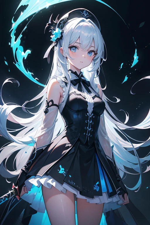 (Obra maestra:1.2), Mejor calidad, (illustration:1.2), (ultra detallado), hiper detalles, (delicado detallado), (detalles intrincados), (cinematic light, Mejor calidad Backlights), Delete line, solista, Cuerpo perfecto, (1 chica), anime a elegant girl, hat cap detailed glowing ribbon ultra detailed, style detailed, most beatiful, soft delicatessen hair, translucent dressing Phantom, long soft dressing,detailed glowing drawing(glowing color hands). black and white. Poster Original ink press octane render digital art stylized, standing in front of the with her magical sword and sword to release blue flame, cool black dregon tattoo on neck and who cut through infinity, she who has touched the void, (constituir), alto contraste, (mejor iluminacion, un extremadamente creado y hermoso), (cinematic light), vistoso,