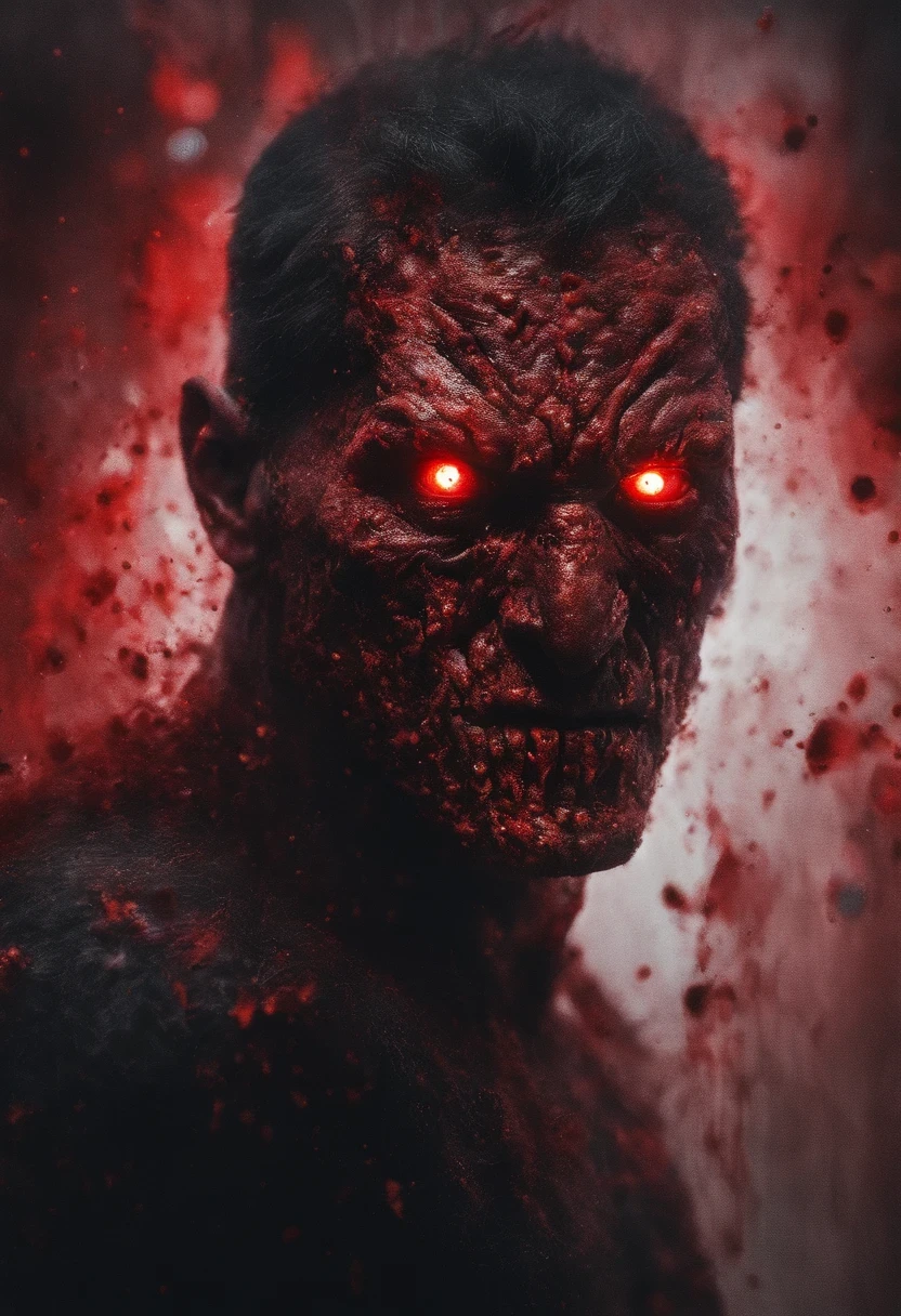a close up of a man with a bloody face and red eyes, with glowing red eyes, with red glowing eyes, red glowing eyes, portrait demon half human, red eyes glowing, glowing red eyes, cyborg zombie, scary look, portrait of a zombie, with red eyes, zombie with white eyes, evil zombie, red - eyed, red-eyed