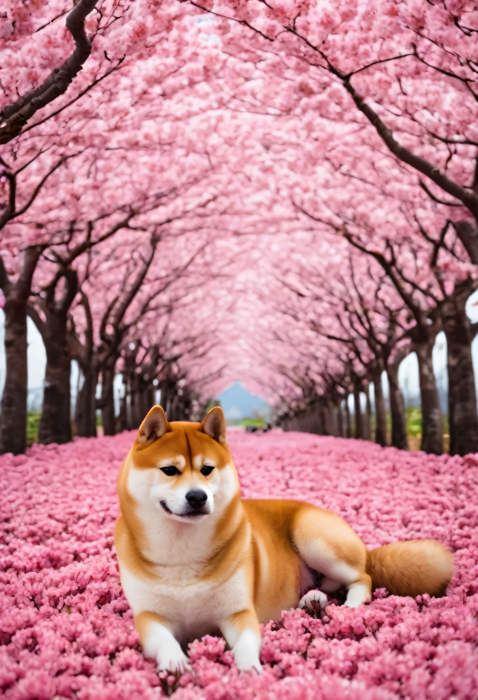shiba in a cherry blossoms flower field