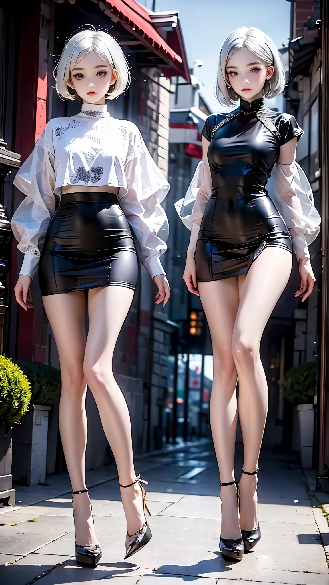 {Perfect proportion},{Perfect facial features},{{Angelic face}},{{{Star temperament}}},Beautiful big eyes,charming eyes,Delicate woman,Exquisite makeup,High-end,Perfect Lover,Blonde short hair,Heterochromia,Full figure,Thin waist,Perfect long legs,High heel,