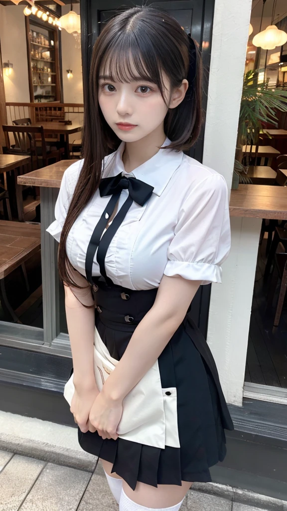 muste piece, best quality, illustration, Super detailed, fine details, High resolution, 8K,wall paper, perfect dynamic composition,(Details High quality, realistic depiction of eyes:1.3), waitress uniform, restaurant, large breasts, short bob hair、black hair color, Big Natural Color Lip, bold sexy pose, crying a little、cold gaze, Harajuku style、20 year old girl、cute type、lolita、beautiful legs, gravure idol, Voluptuous thighs