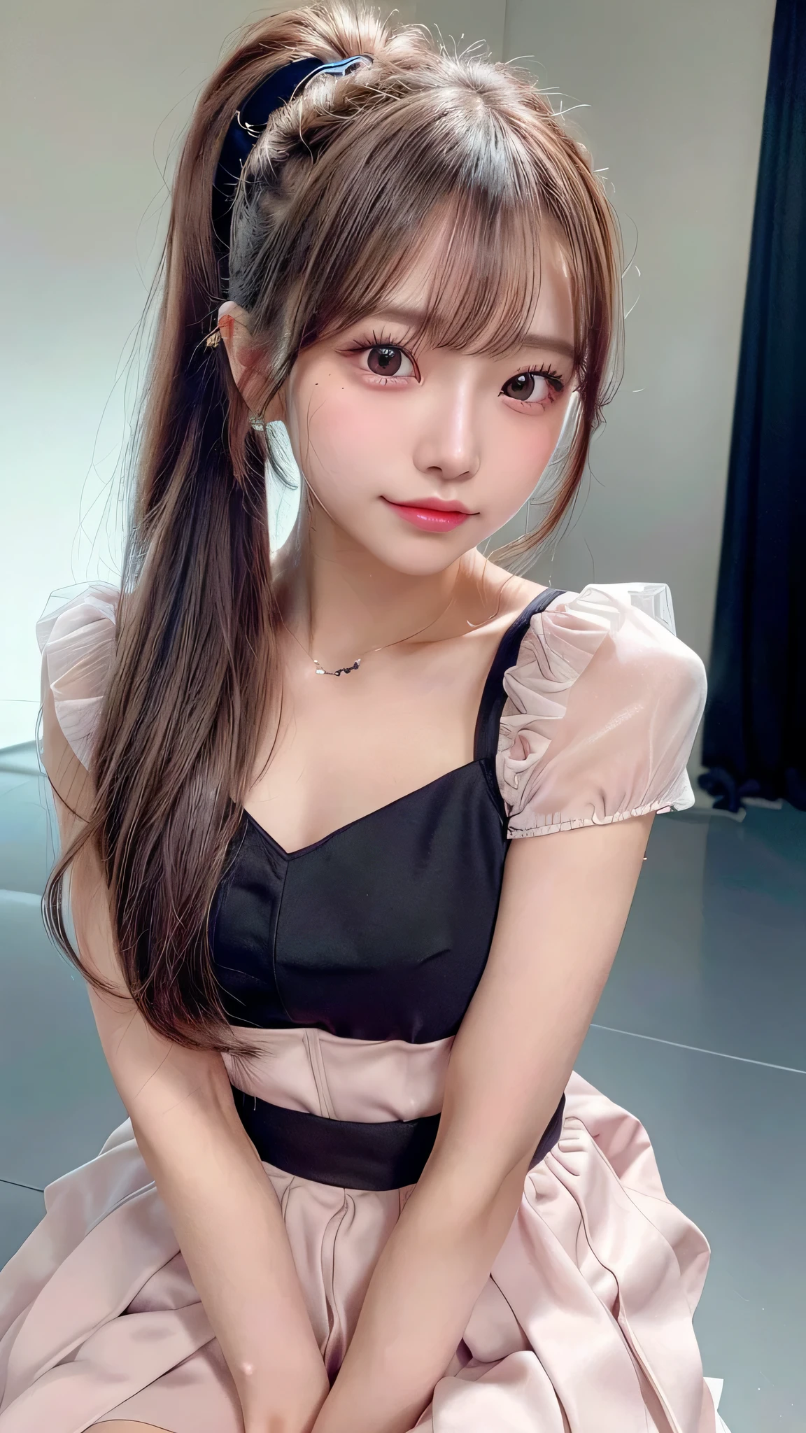 Close-up of face,Blushing,Facing forward,Close-up of face,Small breasts,14 years old,Long hair ponytail,concert,On stage,((8K, Raw photo, Best Quality, Mastepiece:1.2), (Realism, Photorealistic:1.4), (Highly detailed 8K wallpapers), Depth of written boundary, Cinematic Lighting, Soft Light, Detailed Beauty Eye,Shiny and smooth light brown ponytail, Asymmetrical bangs, Shiny skin, Ultra-detailed skins ,It is high resolution., High detail, Detailed hairstyle, Detailed facial beauty, Hyper-realistic, Perfect limbs, Perfect Anatomy ,1 Japanese girl,Famous Japanese Idols, Perfect female body,A shy smile,Short eyelashes,Double-edged eyelids,Look straight here,Hair style: ponytail、She is wearing a skirt with lots of frills,pose is random,Pink frilly dress,Close-up of face