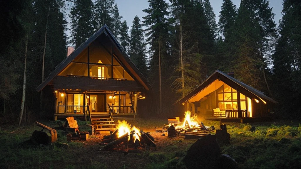 lumberjack house in the middle of the forest, on a full moon night, making a big bonfire 