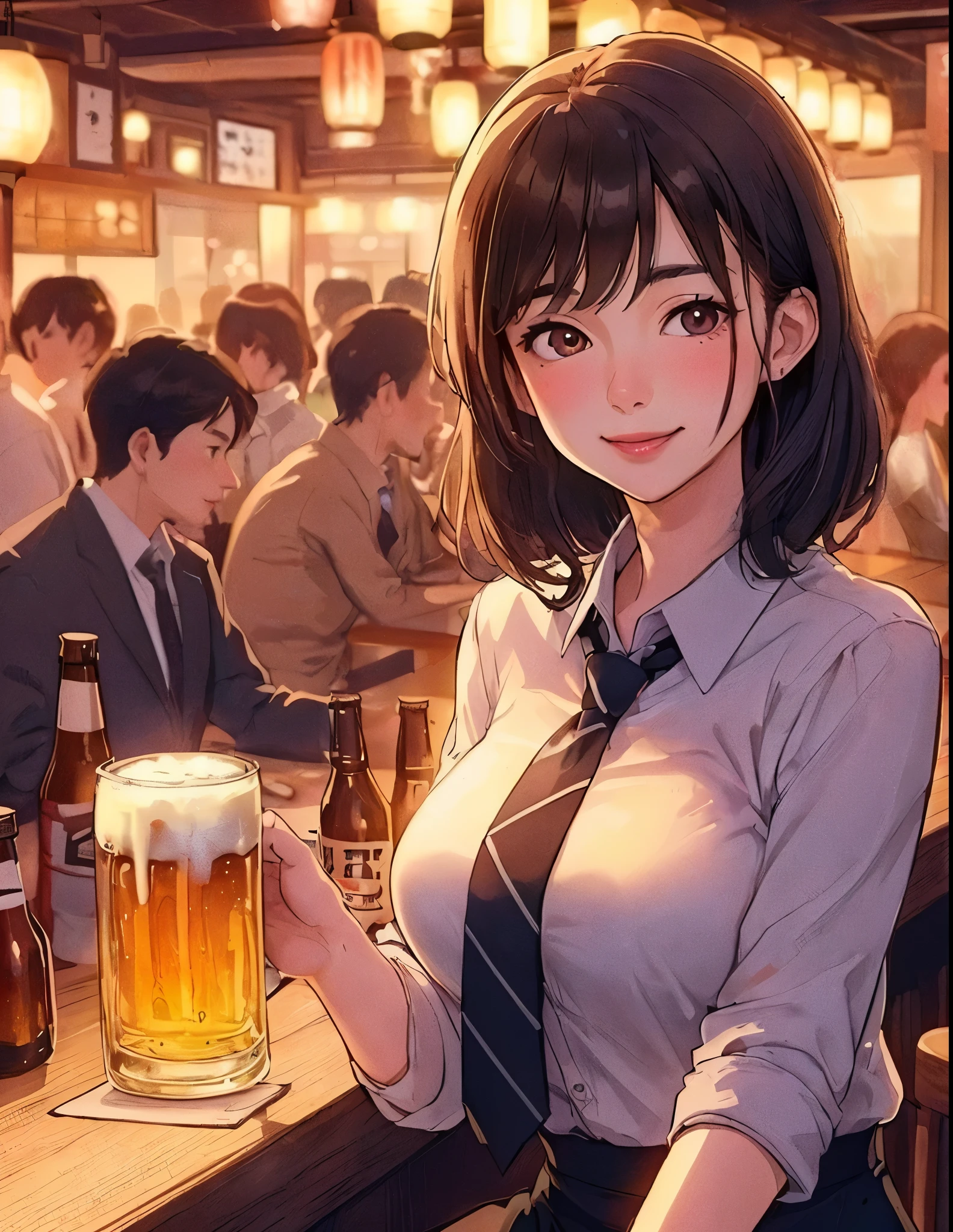 1lady solo, sitting at counter table, (holding beer mug) in one hands, office worker, dress shirt, tie, stylish outfit, mature female, /(dark brown hair/) bangs, blush kind smile, (drunk:0.8), (masterpiece best quality:1.2) delicate illustration ultra-detailed, large breasts BREAK (bustling izakaya) indoors, bottle of beer, crowded, (warm lighting), detailed background