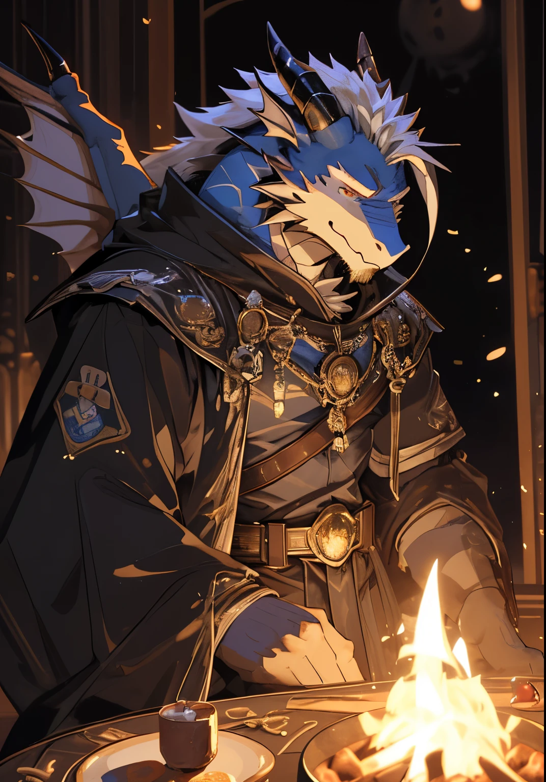 （masterpiece），（Very detailed），（high detail），（best quality），hairy，dragon，（dragon鳞），（（dragon角）），Blue fur，White hair，（Golden pupils），8k，（（high quality））,（（dragon翼）），Magician，Holding a book，Cold