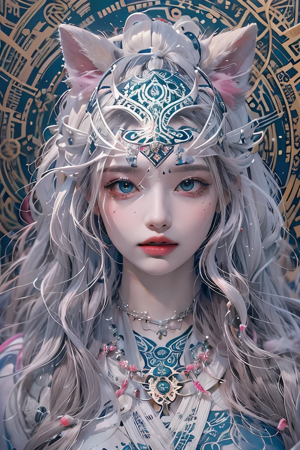 1girl, solo, serious face, white long hair, official art, unity 8k wallpaper, ultra detailed, beautiful and aesthetic, masterpiece, best quality, realistic, (zentangle, mandala, tangle, entangle), (fractal art), (ecstasy of silk:1.5), web, chain, extremely detailed, dynamic angle, epic composition, the most beautiful form of chaos, elegant, a brutalist designed, vivid colours, romanticism, grey mist, big grinning (spirit cat) with sharp teeth