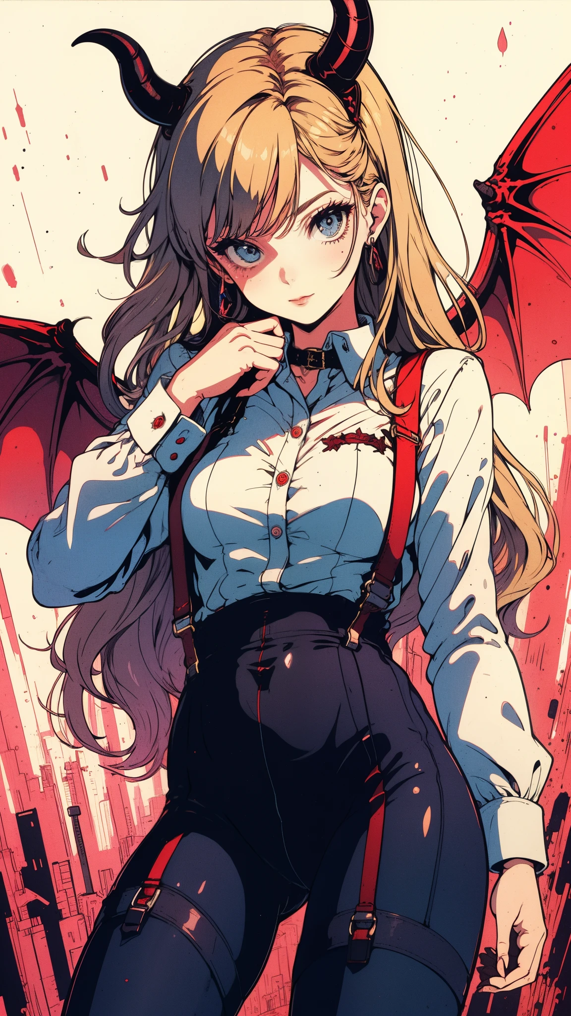 ((Best quality)),ultra detailed, Young woman, Succubus, stockings with suspenders, playful look, long sleeves