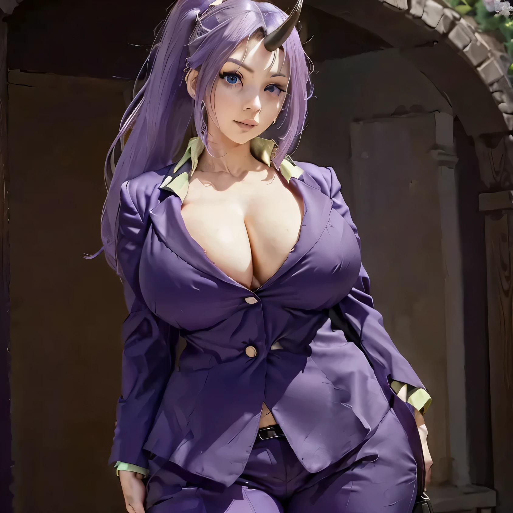 (work: 1.2, best quality), realistic, (realistic, intricate details, depth of field), (1girl, solo), monster girl with one horn in the middle of her forehead(one horn), makeup, blush, reddish blue eyes, very detailed, perfect facial beauty, smooth and firm white skin, long purple ponytail hair, thick thighs, slim waist, very wide hips, curvy body, voluptuous figure, cleavage, navel, sagging (very saggy) giant breasts, wearing tight purple blazer with 4 buttons, purple trousers, sexy bent pose, looking at the audience