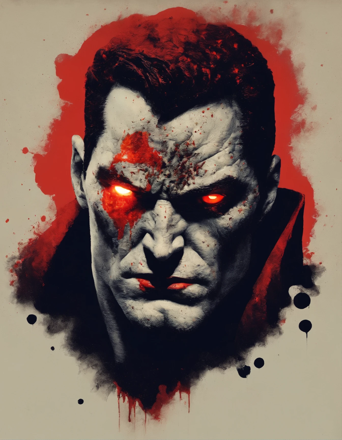 a close up of a superman with a bloody face and red eyes, with glowing red eyes, with red glowing eyes, red glowing eyes, portrait demon half human, red eyes glowing, glowing red eyes, cyborg zombie, scary look, portrait of a zombie, with red eyes, zombie with white eyes, evil zombie, red - eyed, red-eyed