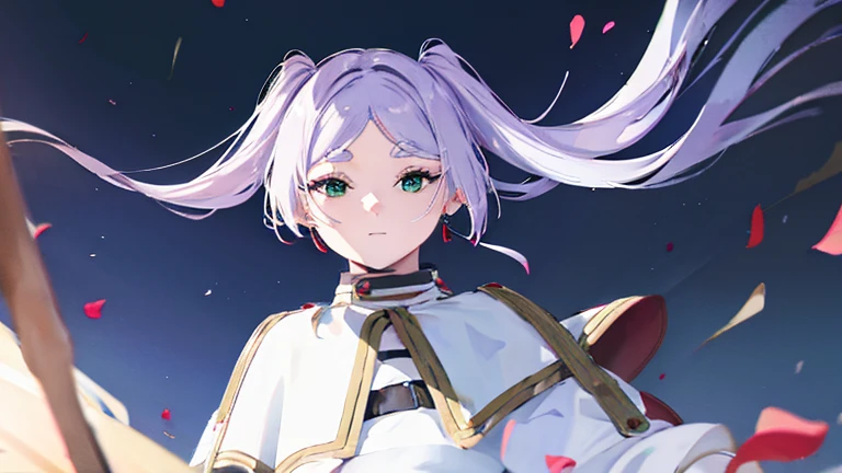 ((Freezing)), ((masterpiece)), (very saturated), (High resolution:1.3), (Professional photography:1.2), Wide Shot, (Cinema Lighting), One girl, alone, (Flat body), (smile), walking, beautiful, Fairy, Pointed Ears, Gray Hair, (Long twin tails), Green Eyes, White Dress, White Cape, ((A white aura emanating from her)), magic, (Shabby ruins), City Walking