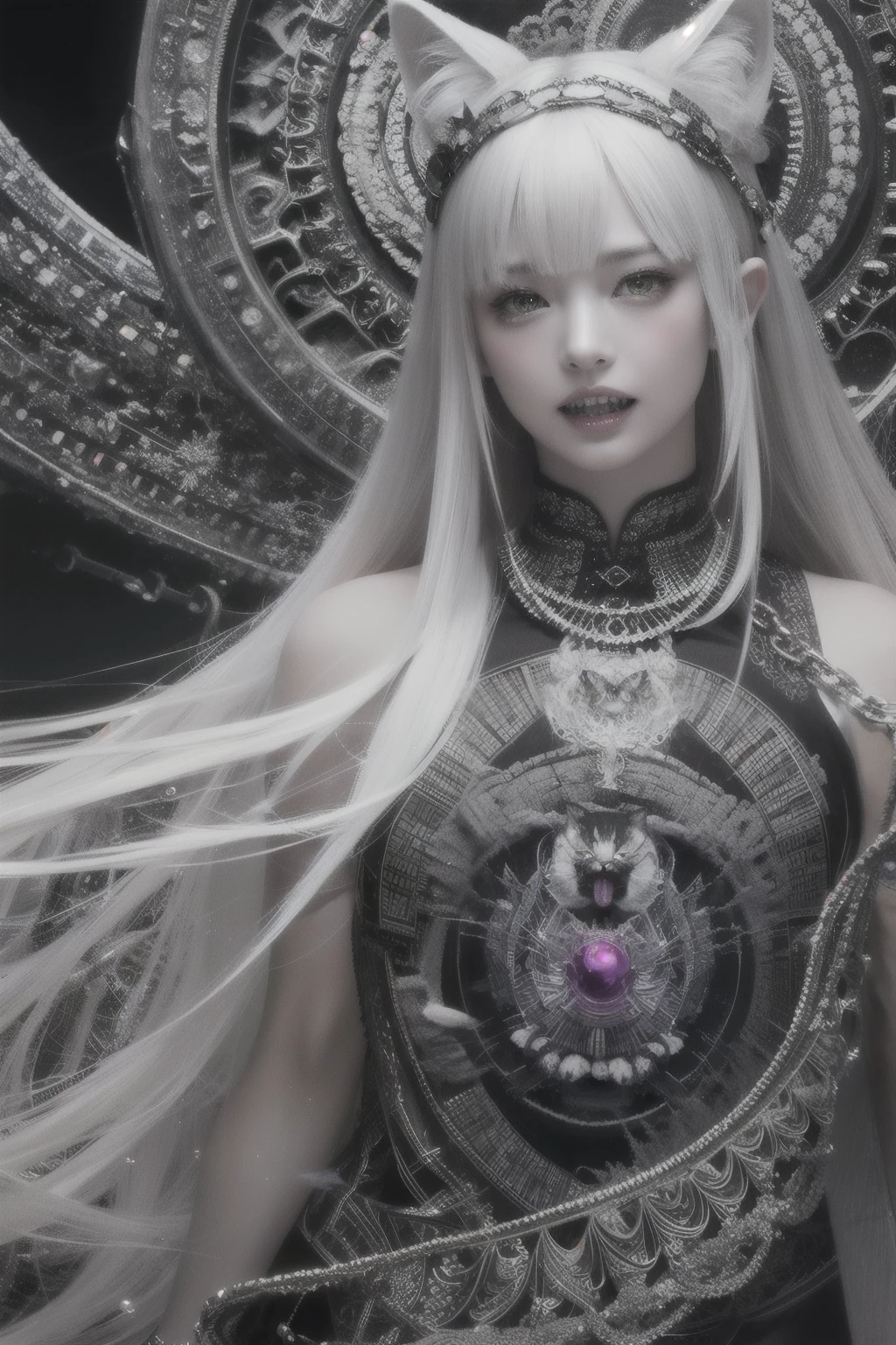 4k ultra hd, high resolution,a stunning beautiful girl, 1girl, solo, serious face, white long hair, official art, unity 8k wallpaper, ultra detailed, beautiful and aesthetic, masterpiece, best quality, realistic, (zentangle, mandala, tangle, entangle), (fractal art), (ecstasy of silk:1.5), web, chain, extremely detailed, dynamic angle, epic composition, the most beautiful form of chaos, elegant, a brutalist designed, vivid colours, romanticism, grey mist, big grinning (spirit cat) with sharp teeth